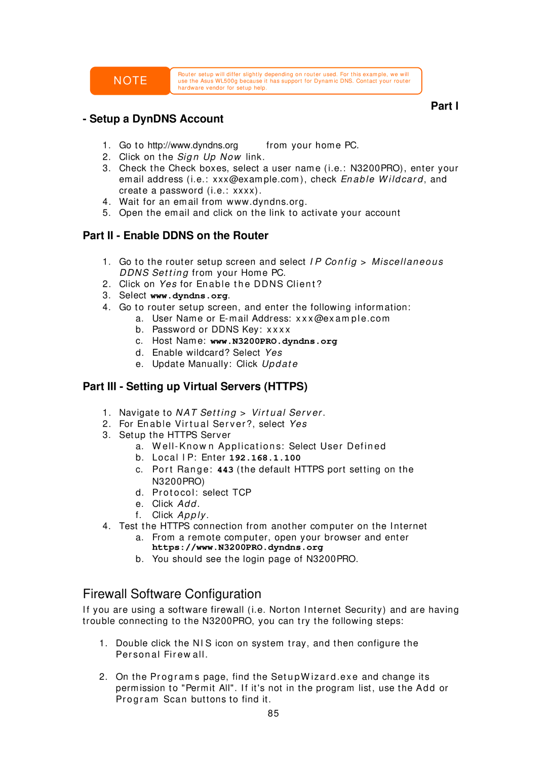 Thecus Technology N3200PRO Firewall Software Configuration, Part Setup a DynDNS Account, Part II Enable Ddns on the Router 