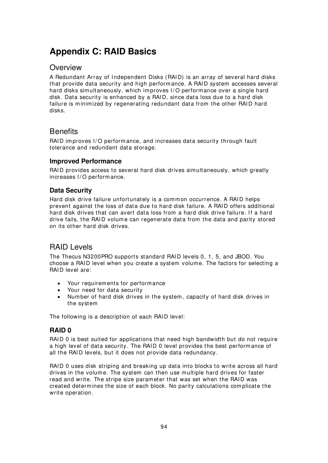 Thecus Technology N3200PRO manual Appendix C RAID Basics, Benefits, RAID Levels, Improved Performance, Data Security 