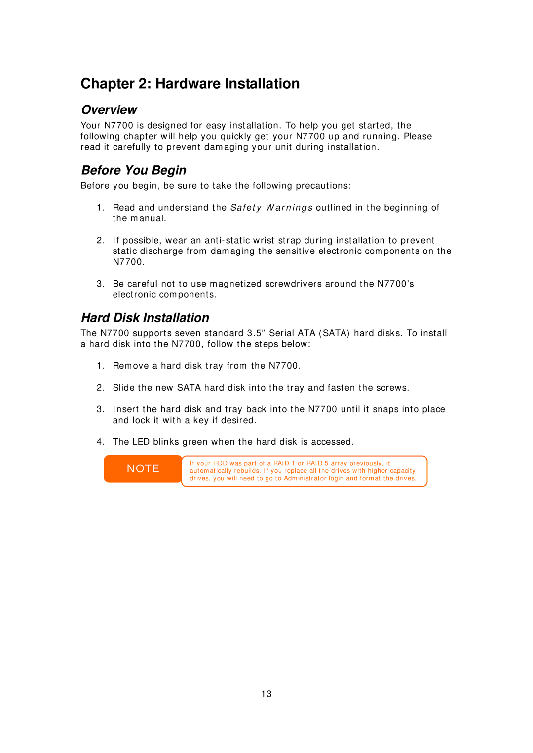 Thecus Technology N7700 user manual Hardware Installation, Before You Begin, Hard Disk Installation 