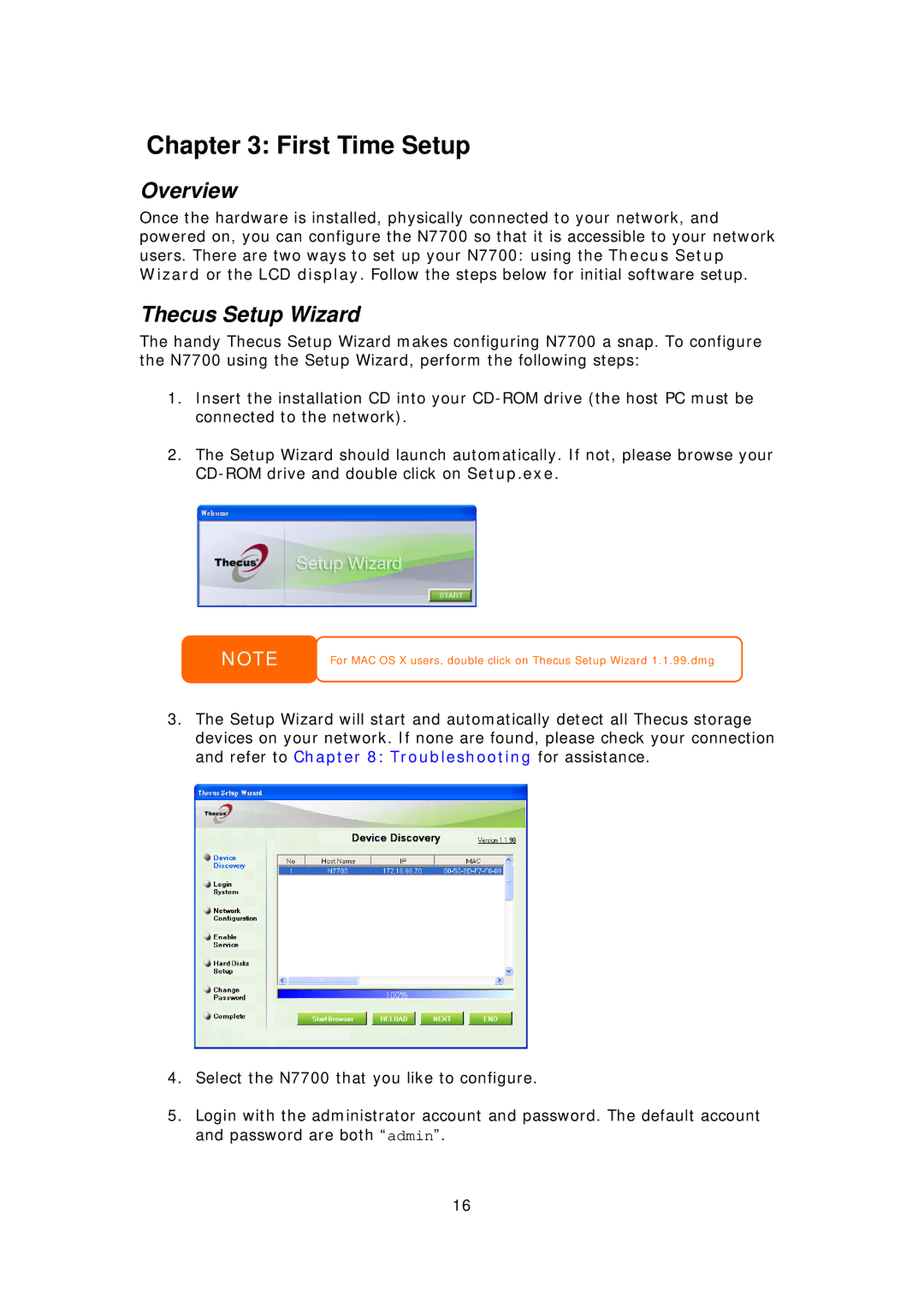 Thecus Technology N7700 user manual First Time Setup, Thecus Setup Wizard 