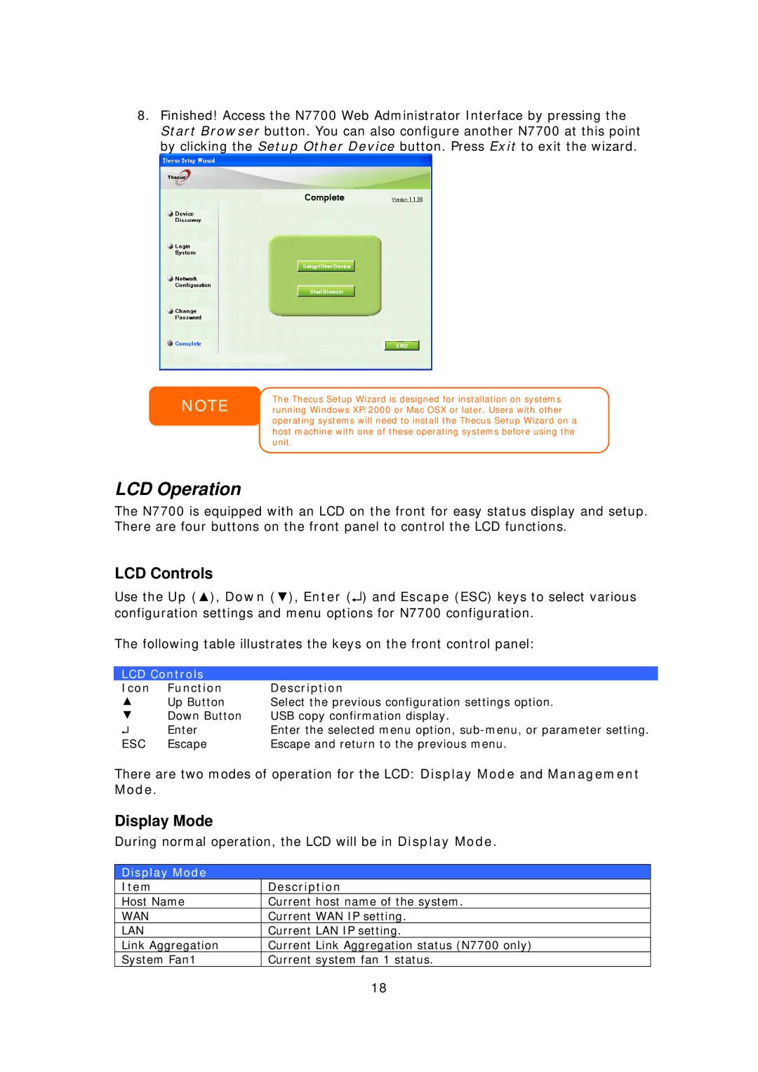 Thecus Technology N7700 user manual LCD Operation, LCD Controls, Display Mode 