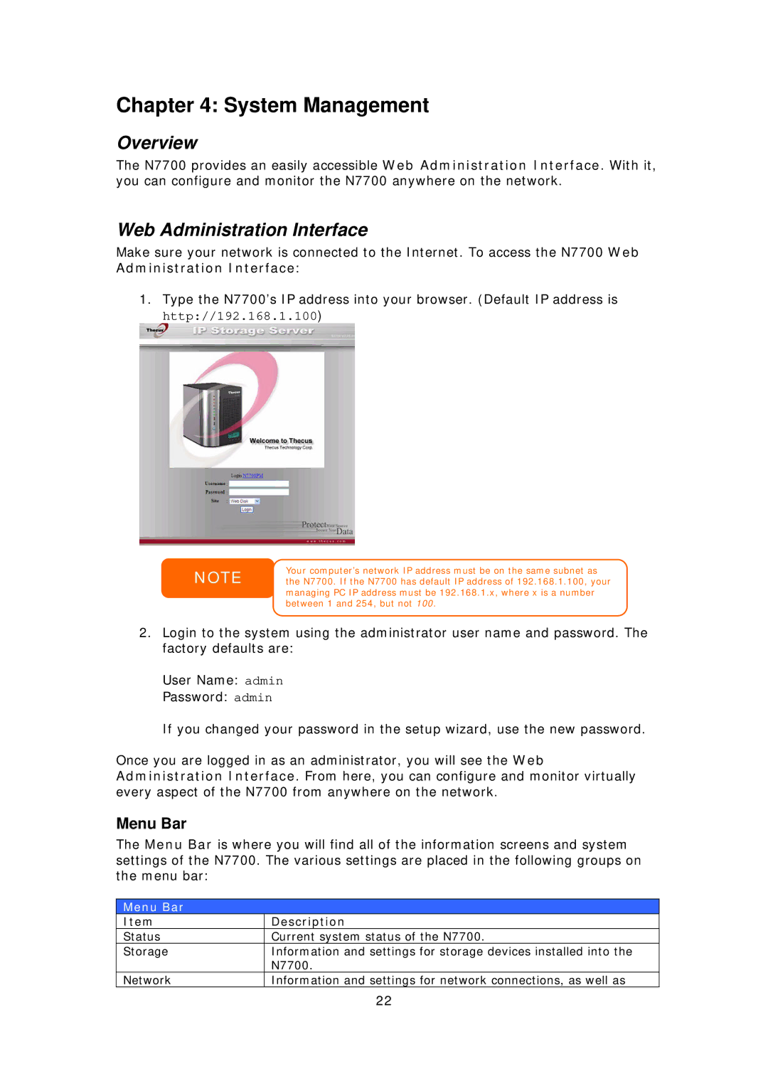 Thecus Technology N7700 user manual System Management, Web Administration Interface, Menu Bar 