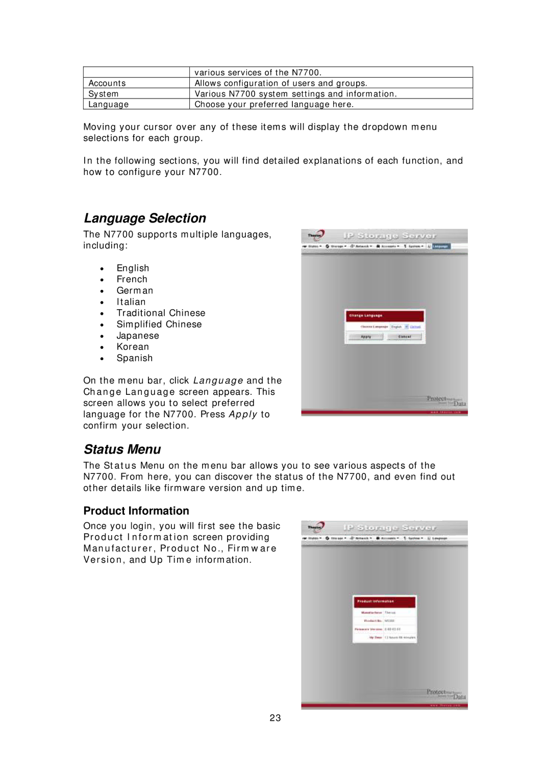 Thecus Technology N7700 user manual Language Selection, Status Menu, Product Information 