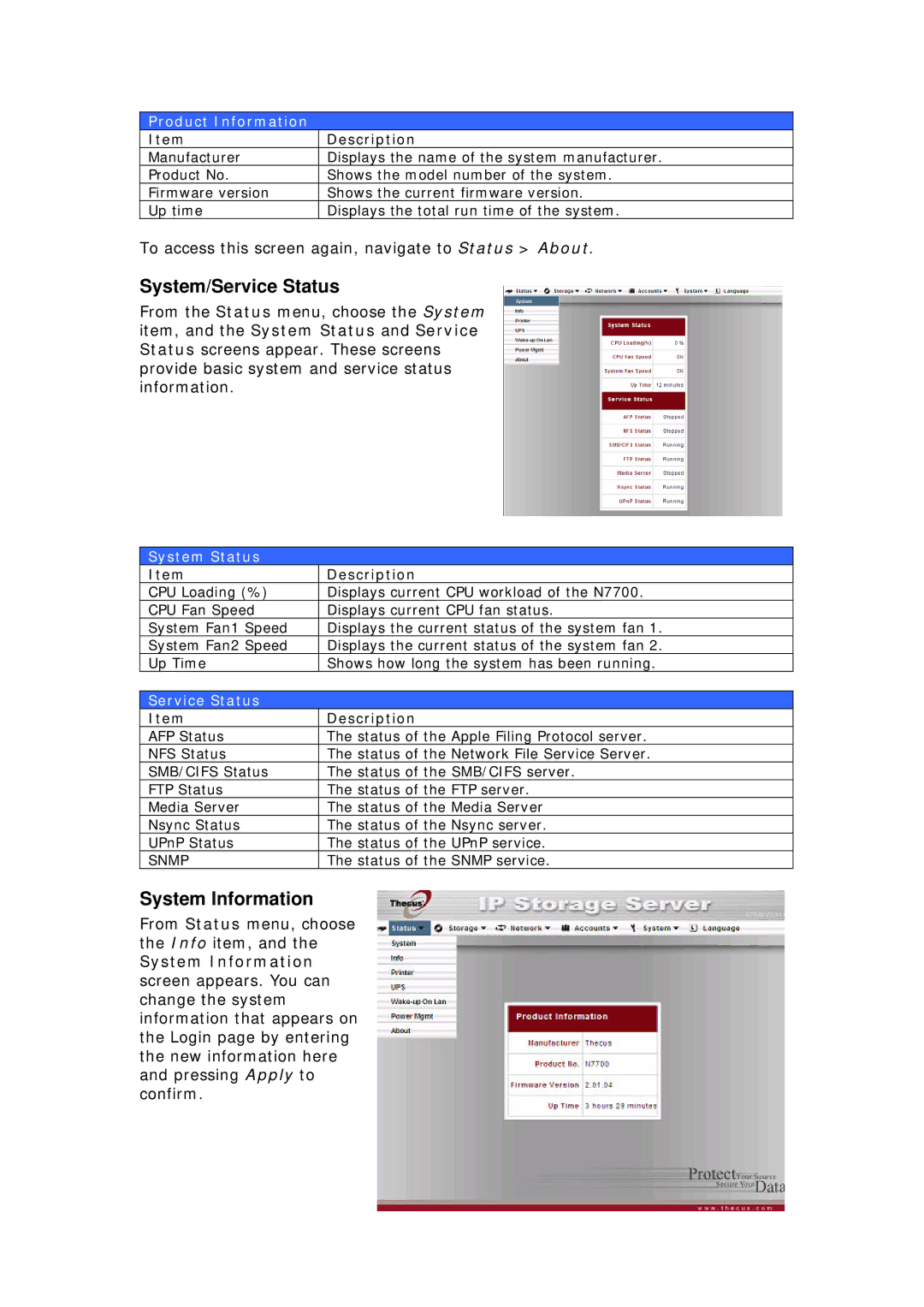 Thecus Technology N7700 user manual System/Service Status, System Information, Product Information, System Status 