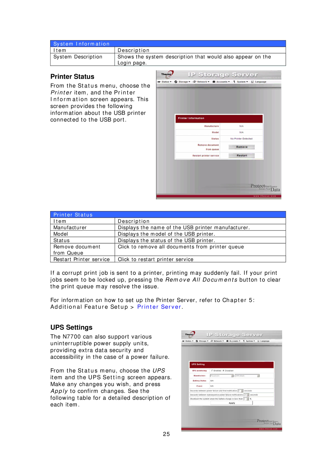 Thecus Technology N7700 user manual Printer Status, UPS Settings, System Information 