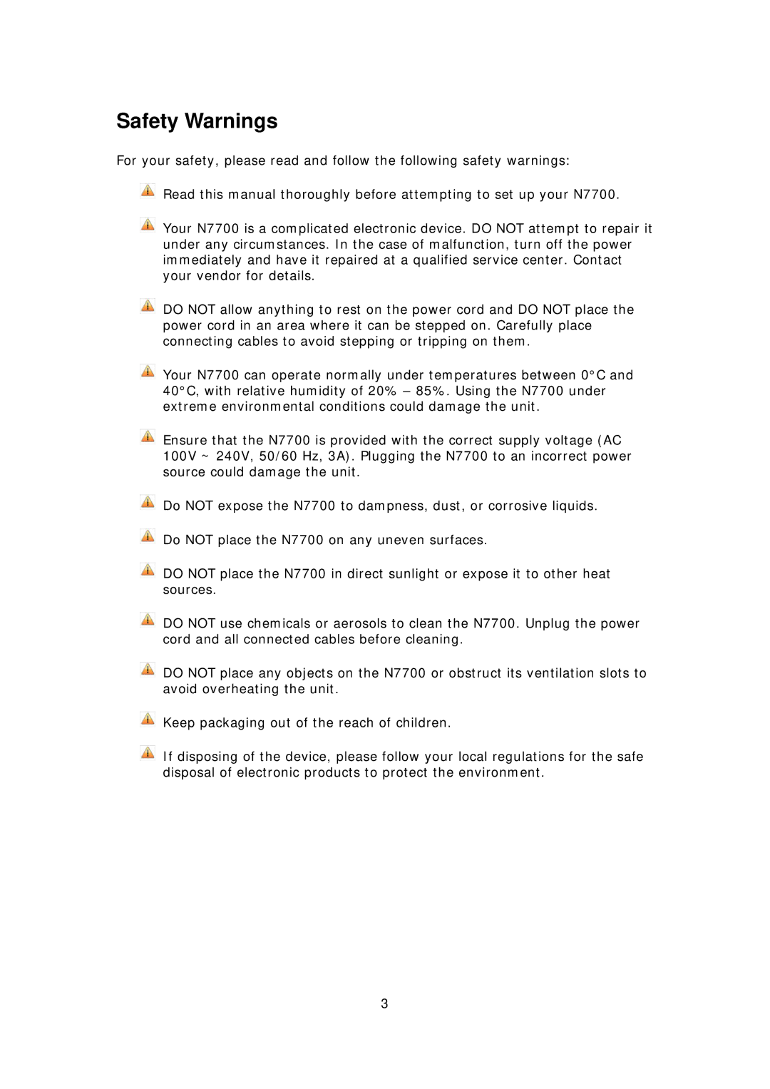 Thecus Technology N7700 user manual Safety Warnings 