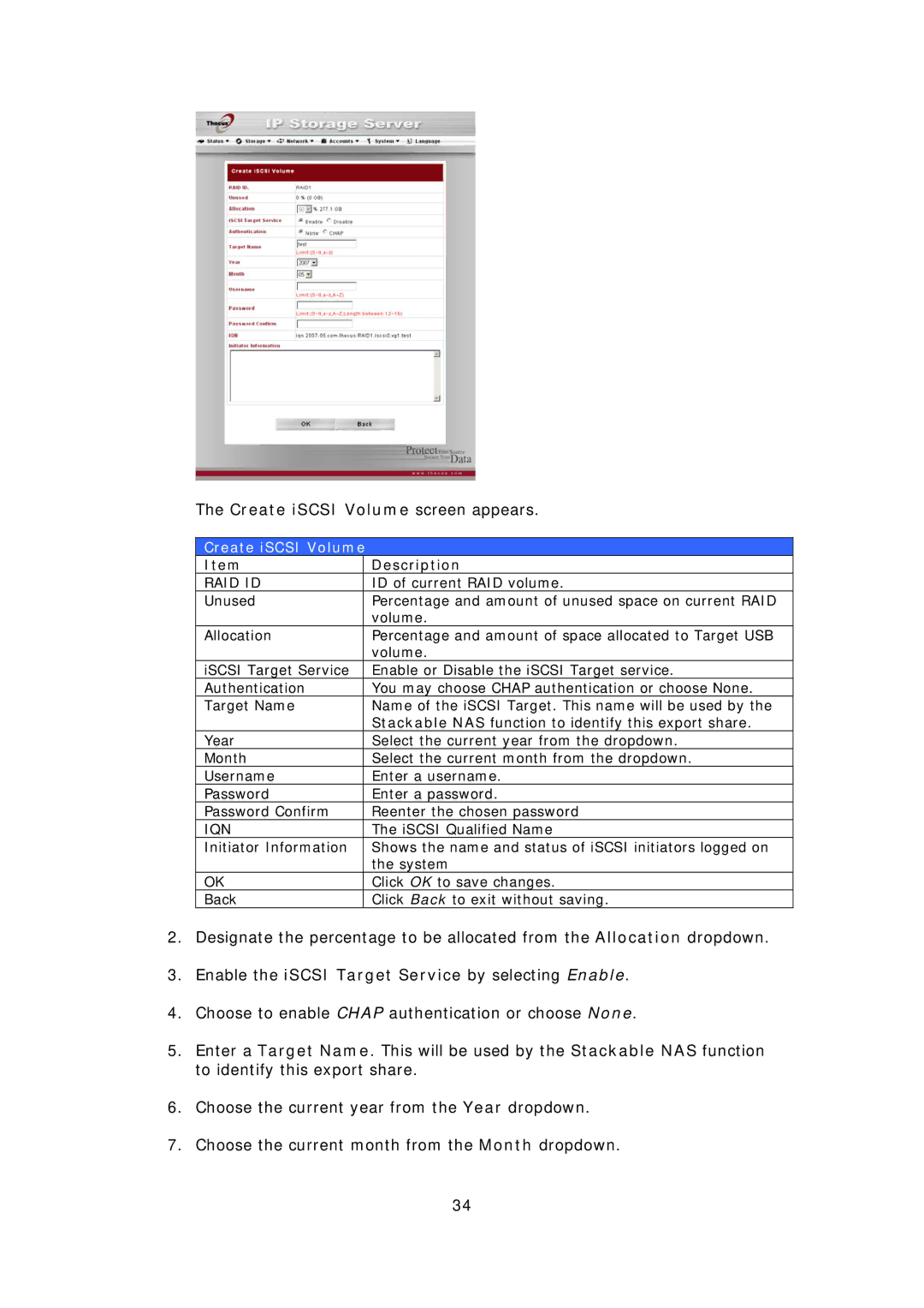 Thecus Technology N7700 user manual Create iSCSI Volume screen appears, Raid Id, Iqn 