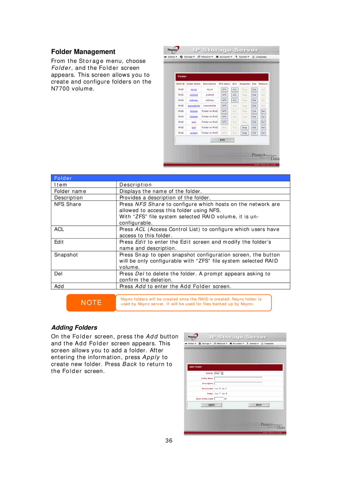 Thecus Technology N7700 user manual Folder Management, Adding Folders, Acl 