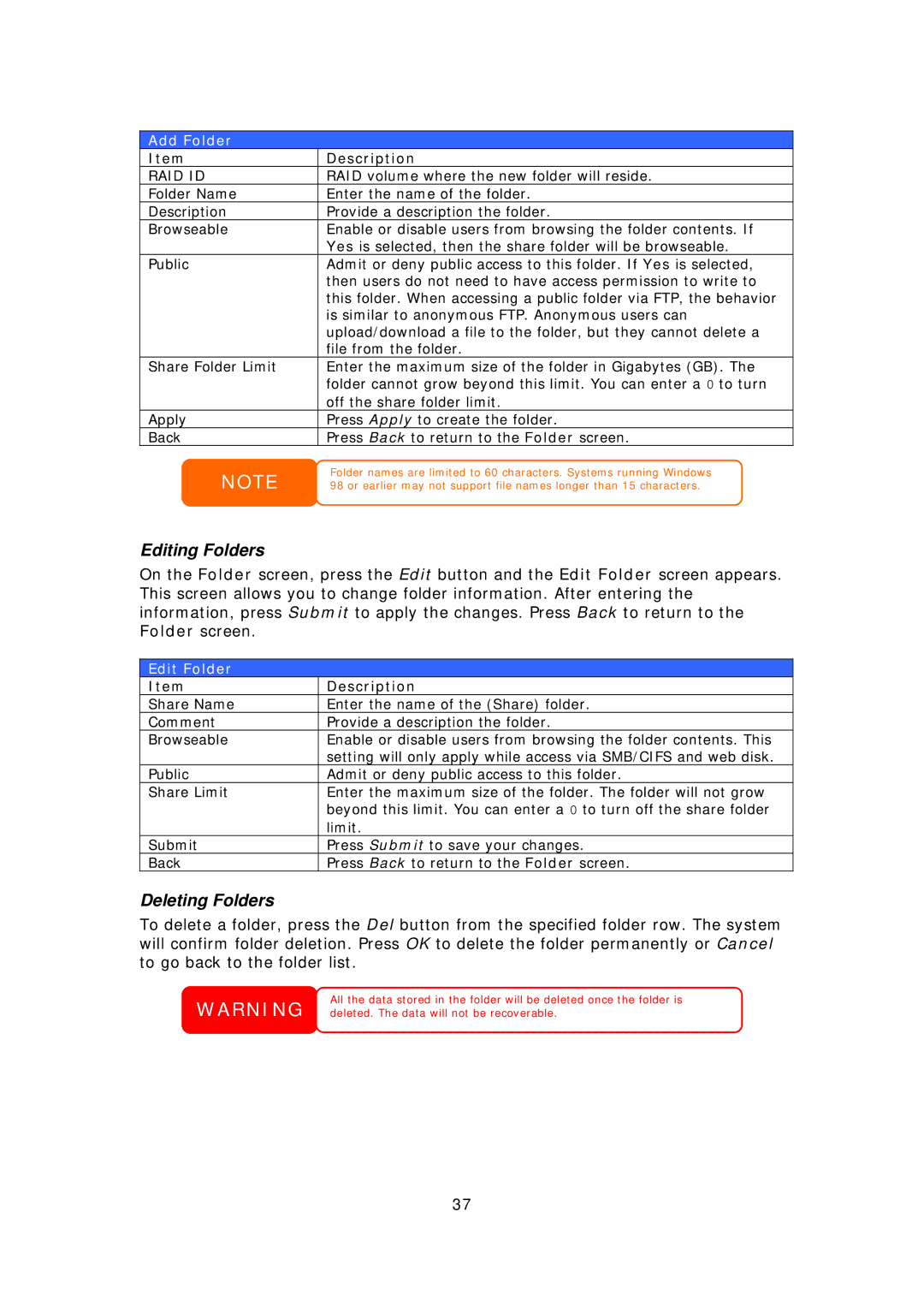 Thecus Technology N7700 user manual Editing Folders, Deleting Folders, Add Folder, Edit Folder 