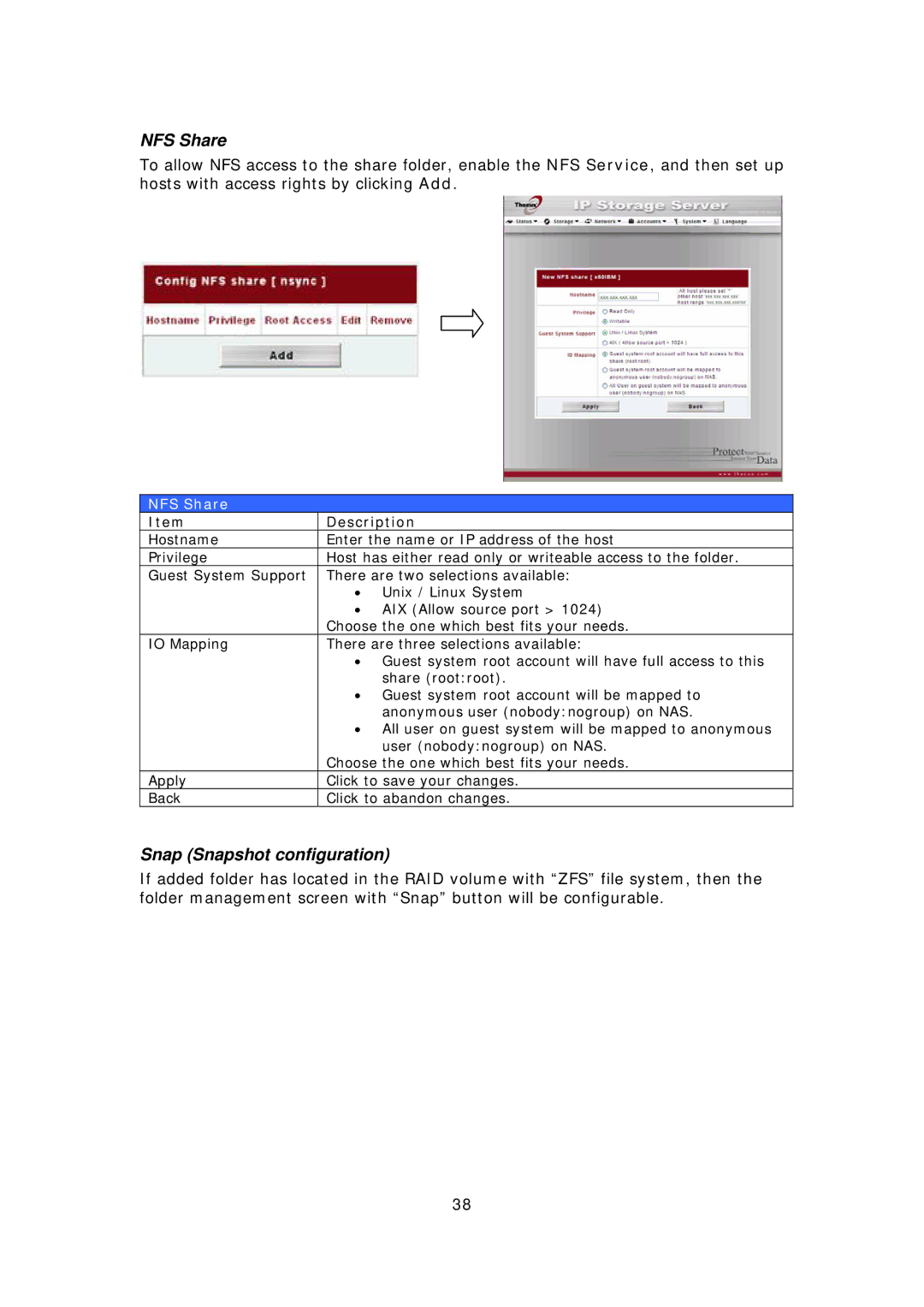 Thecus Technology N7700 user manual NFS Share, Snap Snapshot configuration 