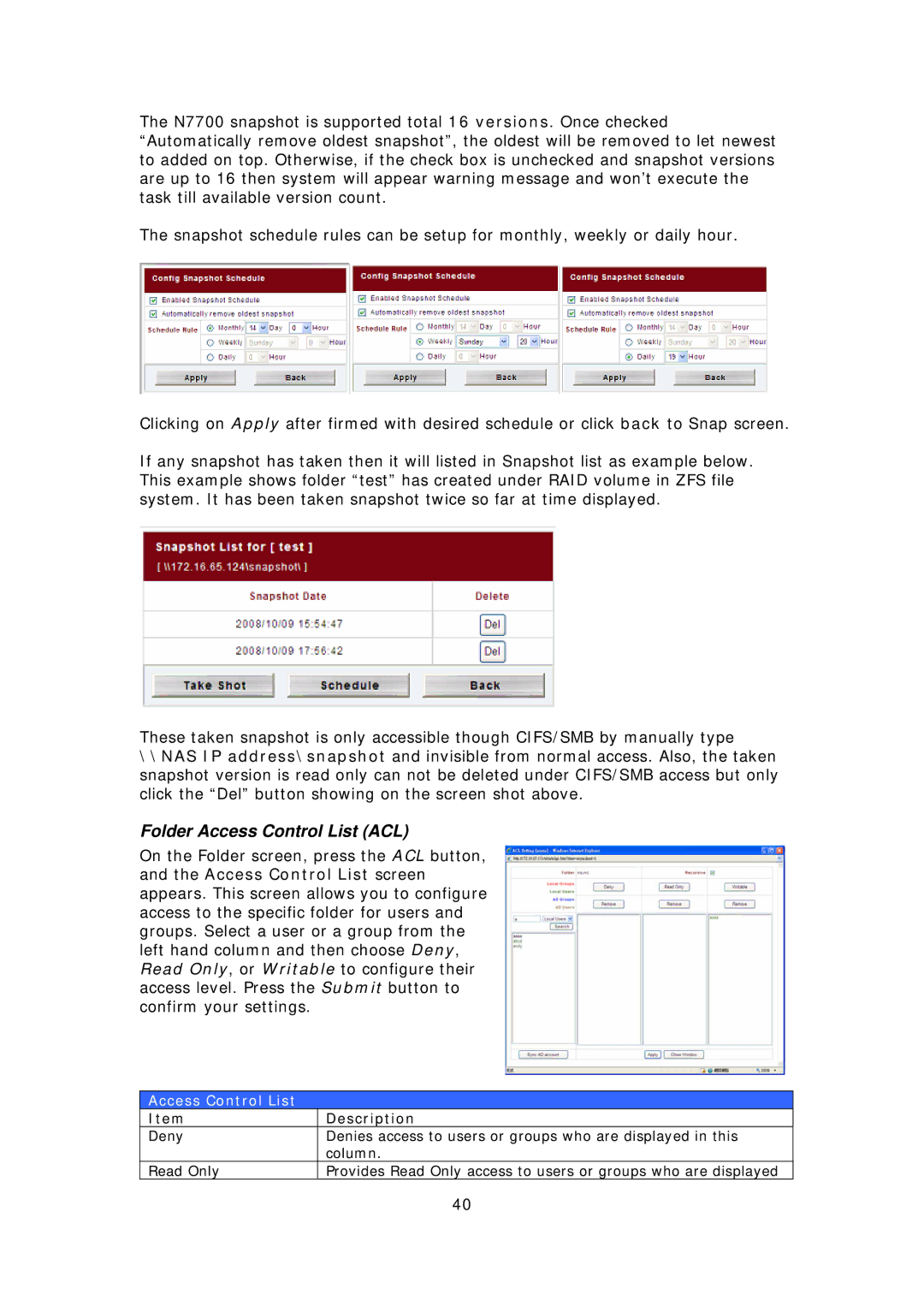 Thecus Technology N7700 user manual Folder Access Control List ACL 