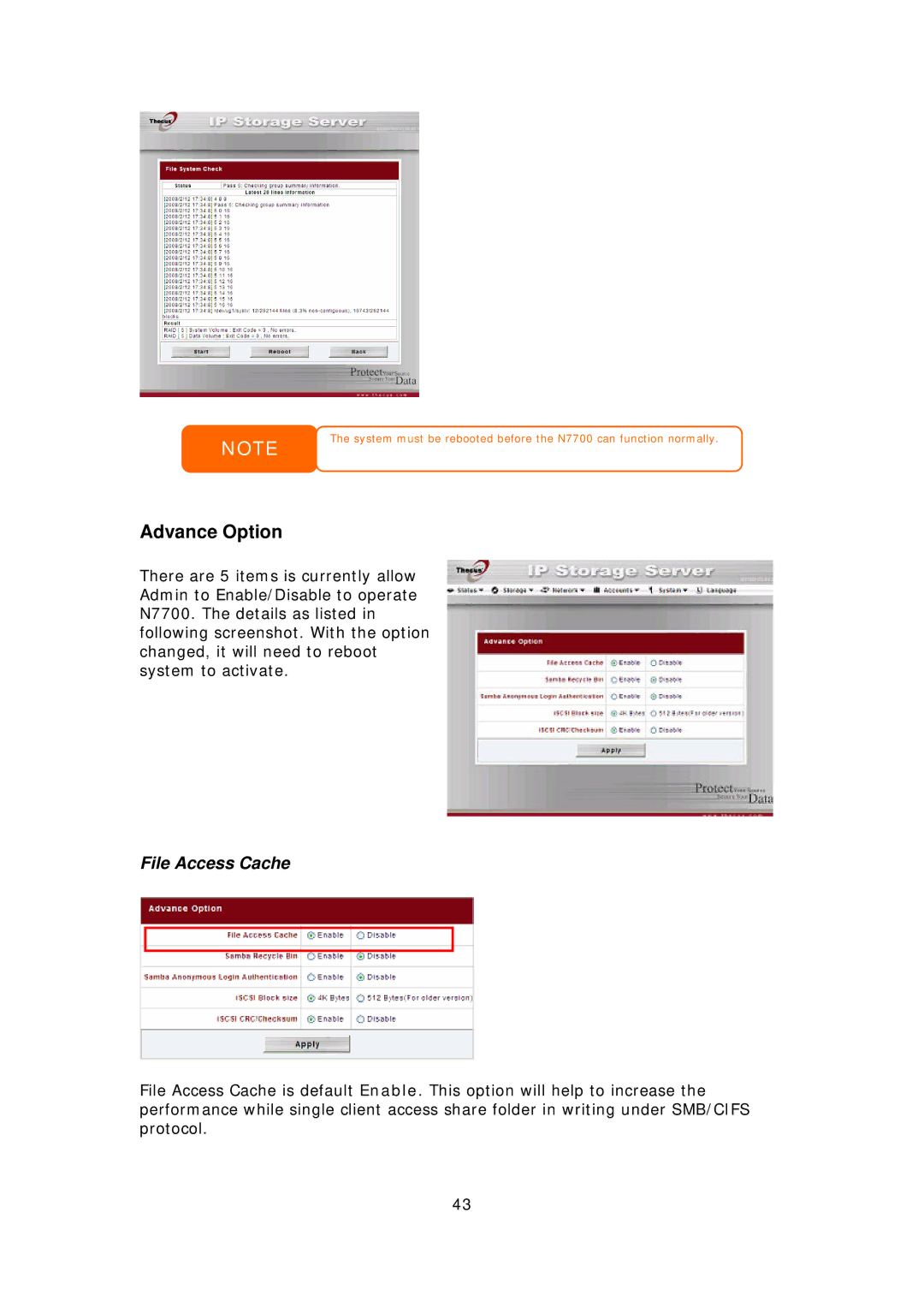 Thecus Technology N7700 user manual Advance Option, File Access Cache 