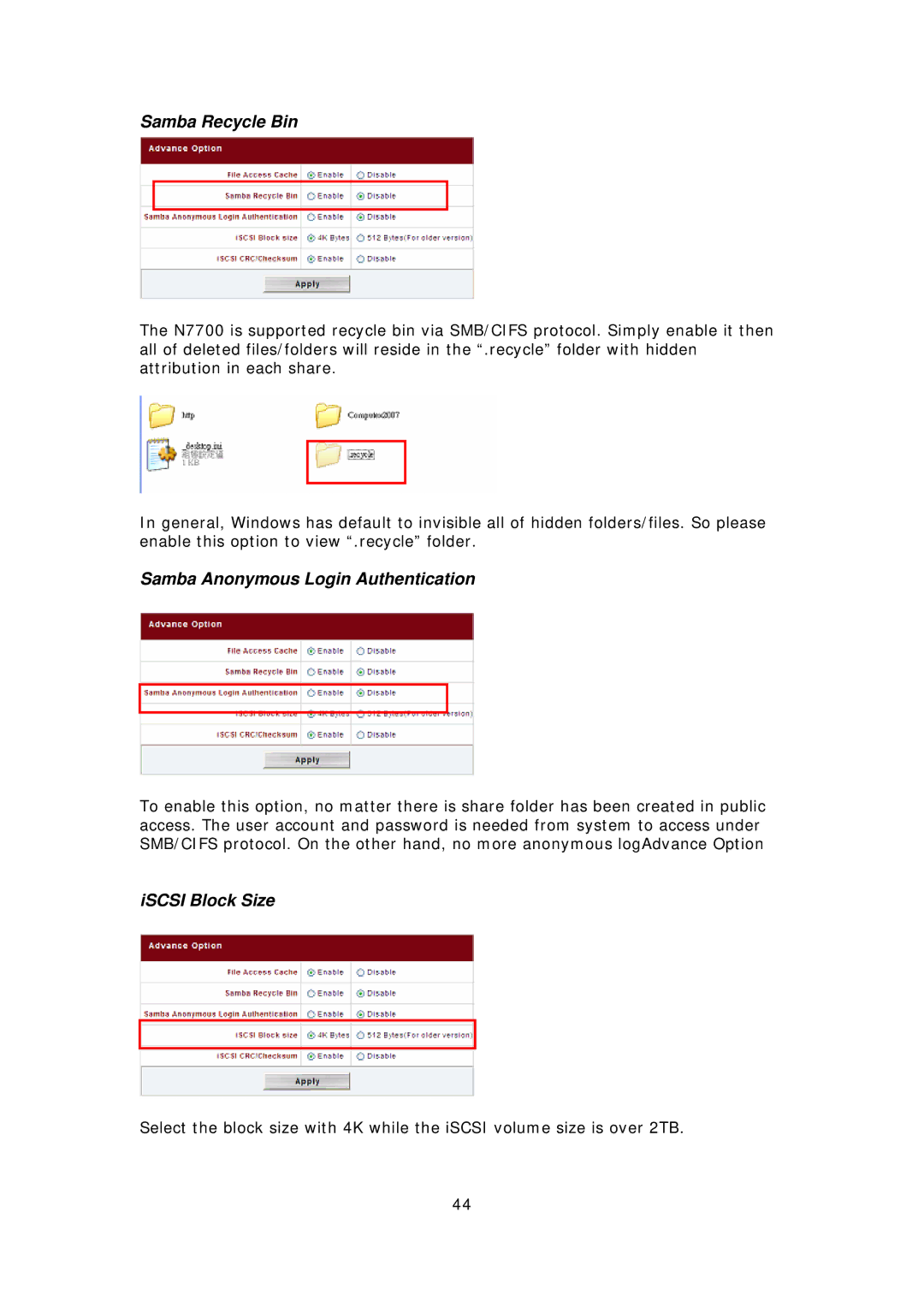 Thecus Technology N7700 user manual Samba Recycle Bin, Samba Anonymous Login Authentication, ISCSI Block Size 