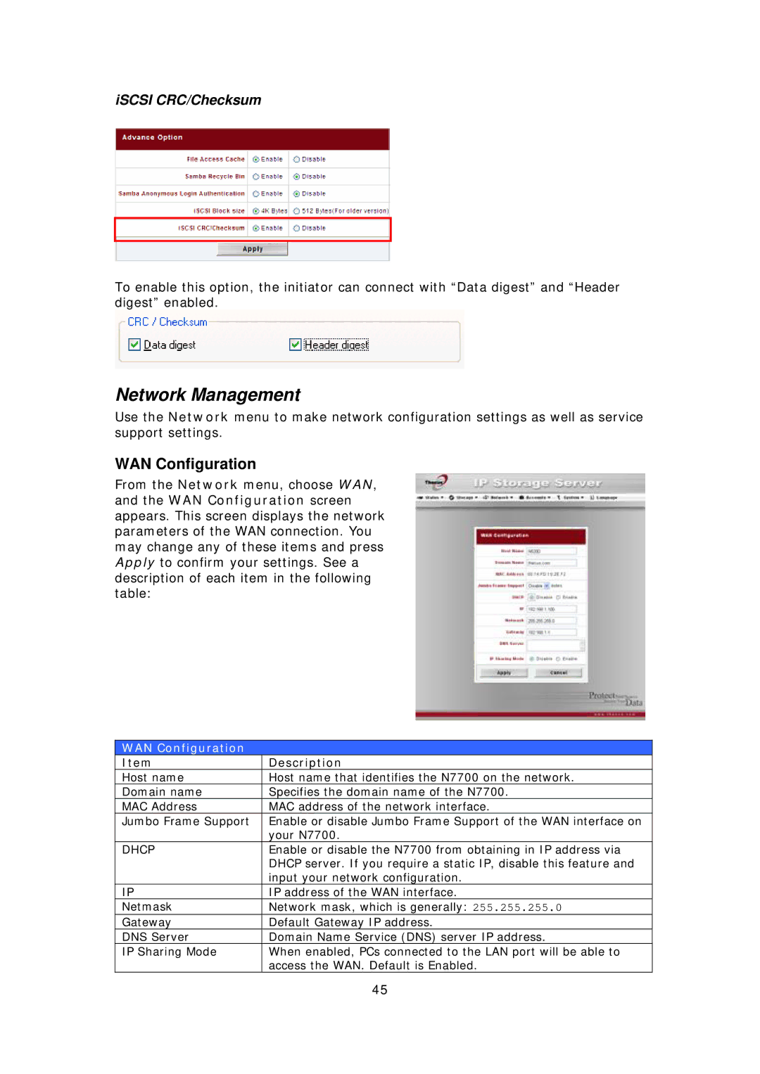 Thecus Technology N7700 user manual Network Management, WAN Configuration, ISCSI CRC/Checksum, Dhcp 