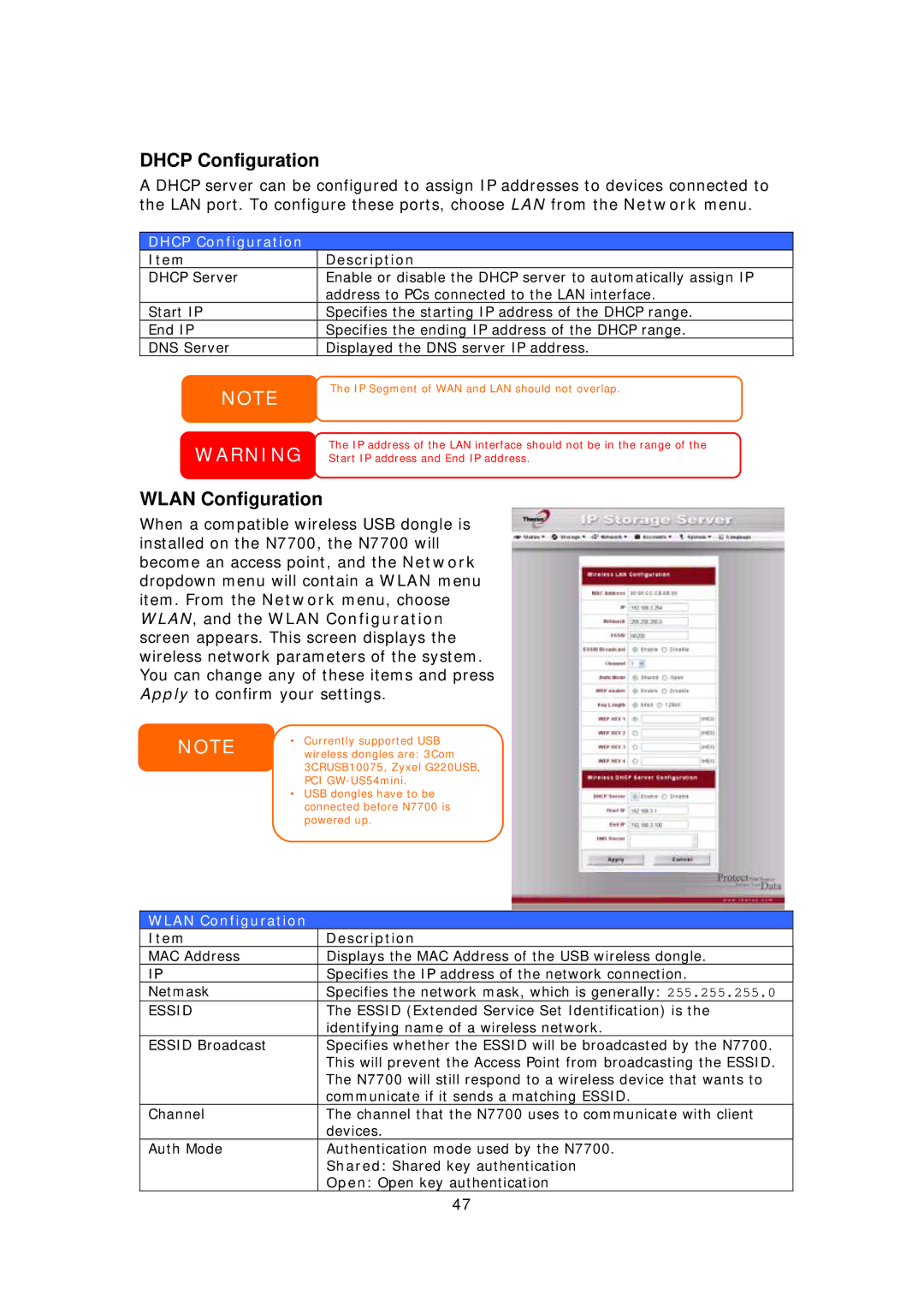 Thecus Technology N7700 user manual Dhcp Configuration, Wlan Configuration, Essid 