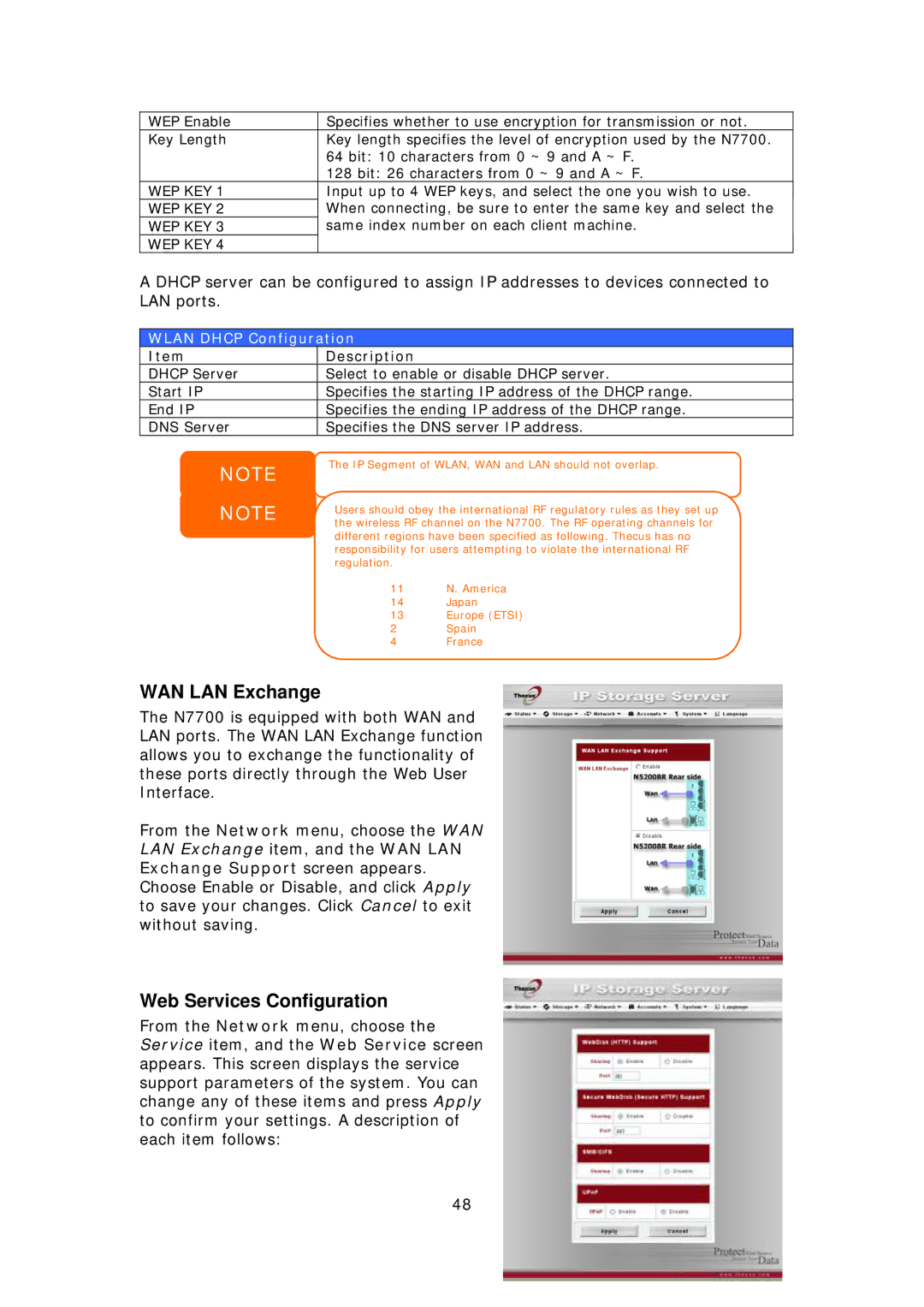 Thecus Technology N7700 user manual WAN LAN Exchange, Web Services Configuration, Wep Key, Wlan Dhcp Configuration 