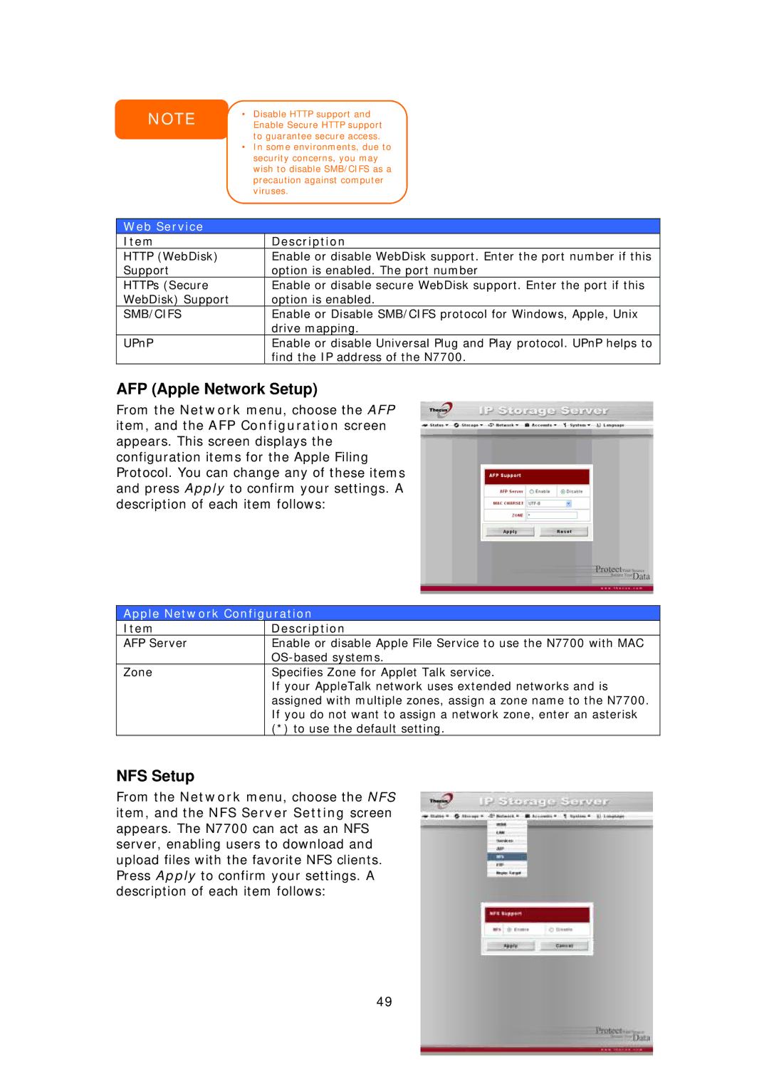 Thecus Technology N7700 user manual AFP Apple Network Setup, NFS Setup, Web Service, Smb/Cifs, Apple Network Configuration 