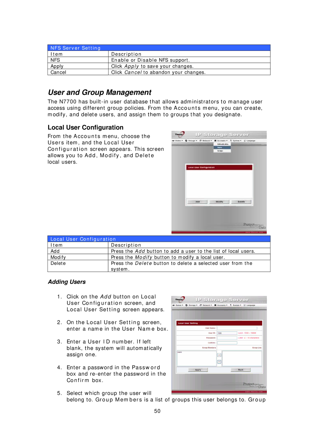 Thecus Technology N7700 user manual User and Group Management, Local User Configuration, Adding Users, NFS Server Setting 