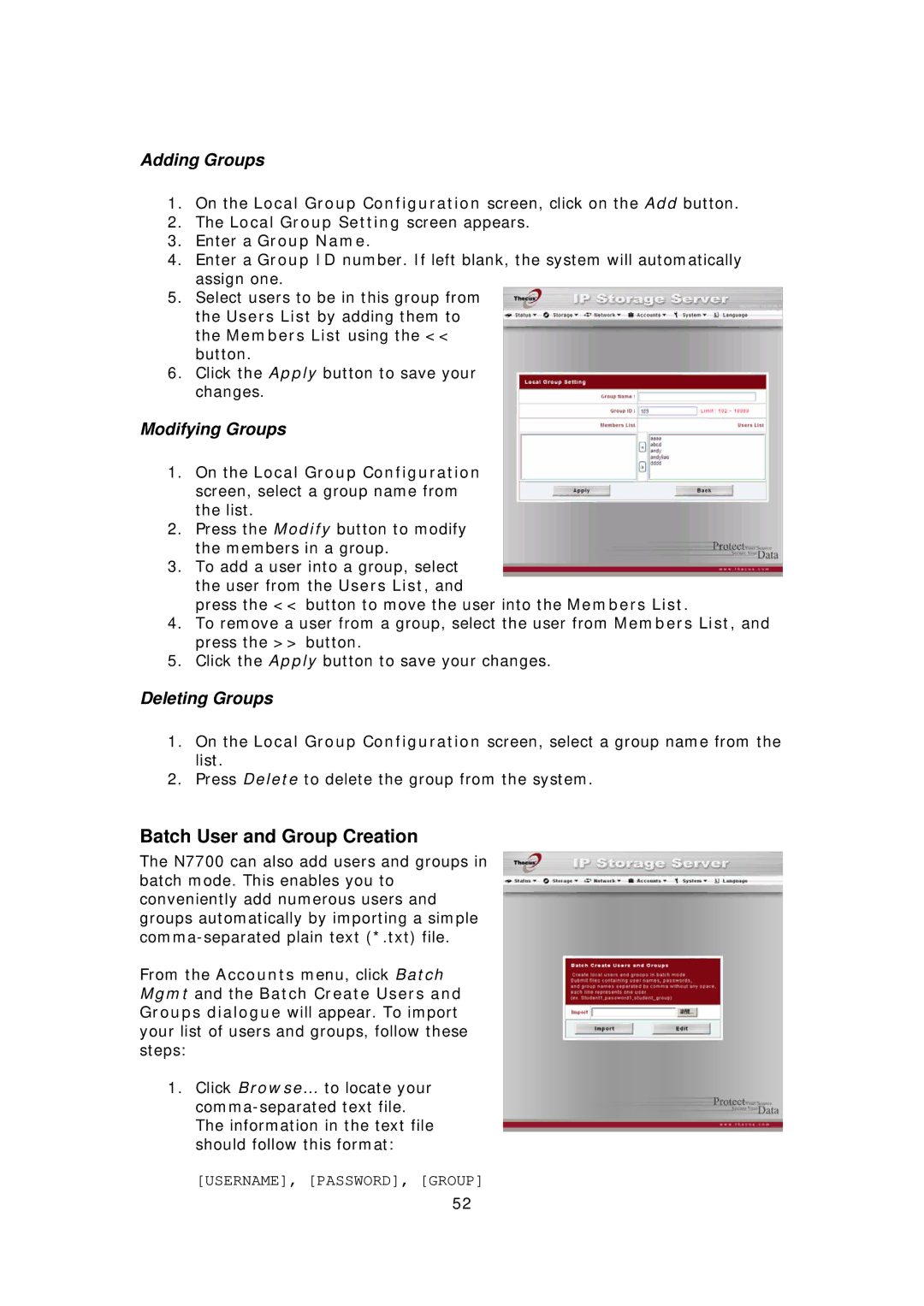 Thecus Technology N7700 user manual Batch User and Group Creation, Adding Groups, Modifying Groups, Deleting Groups 