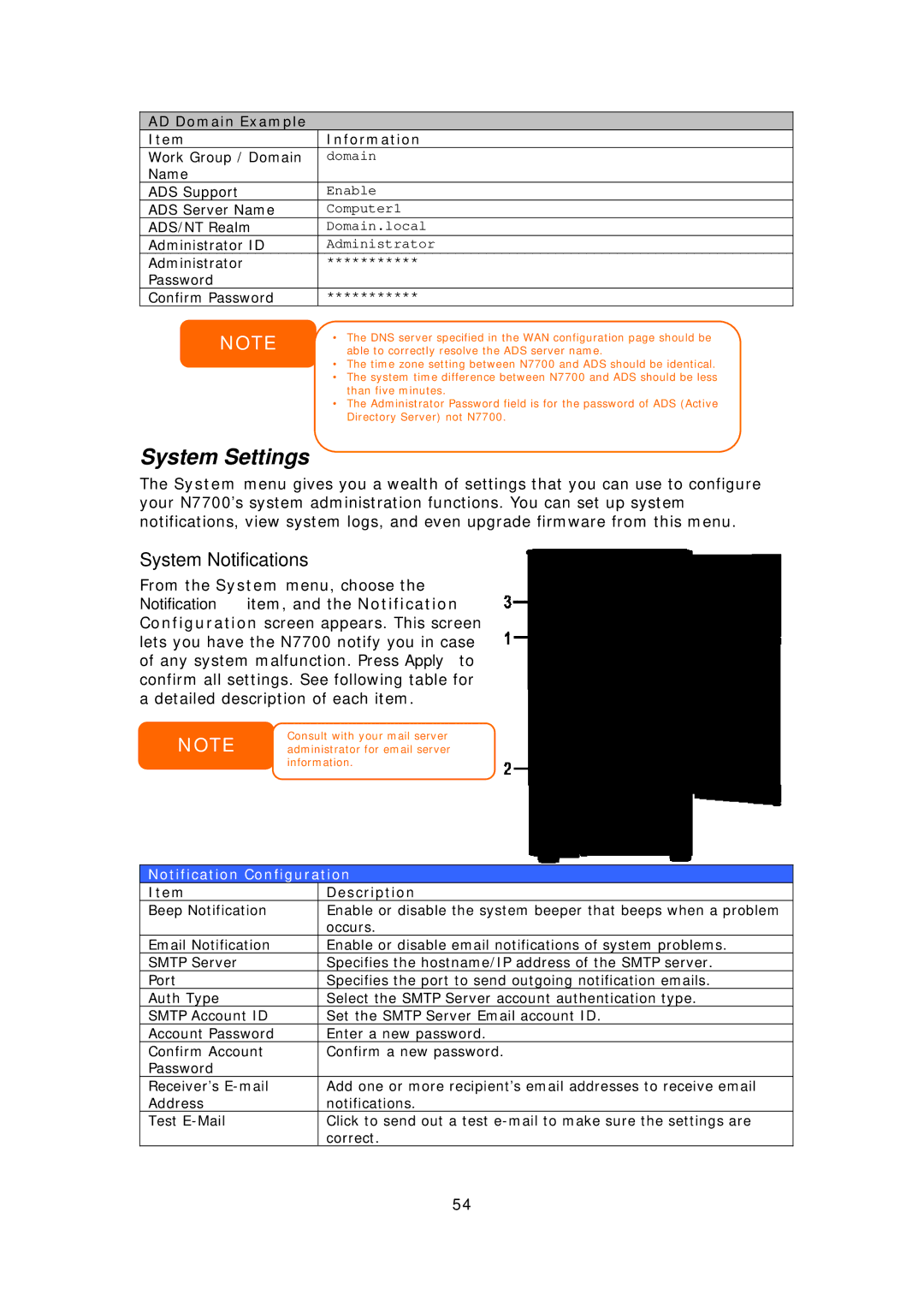 Thecus Technology N7700 System Settings, System Notifications, AD Domain Example Information, Notification Configuration 