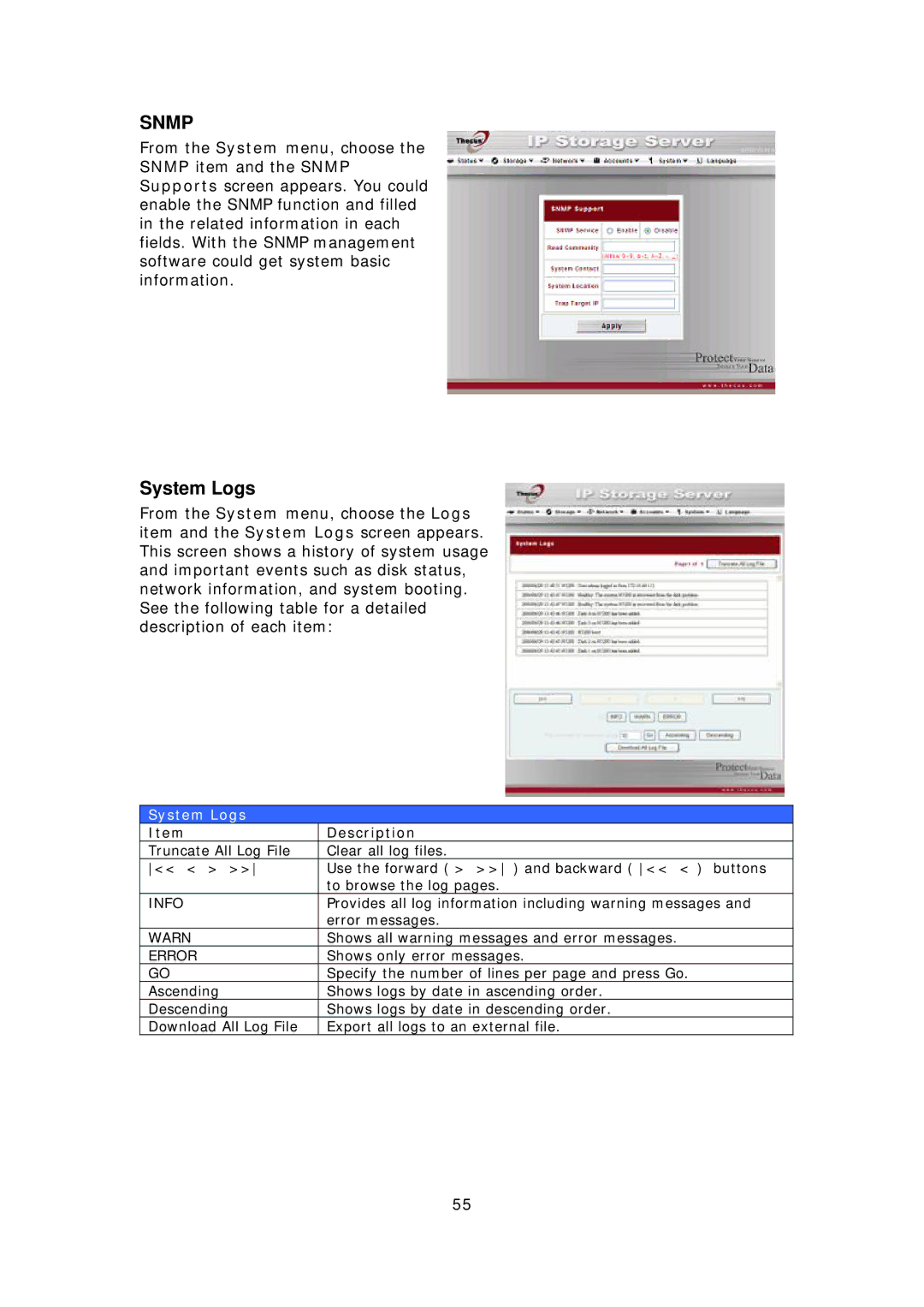 Thecus Technology N7700 user manual System Logs, Info, Warn, Error 