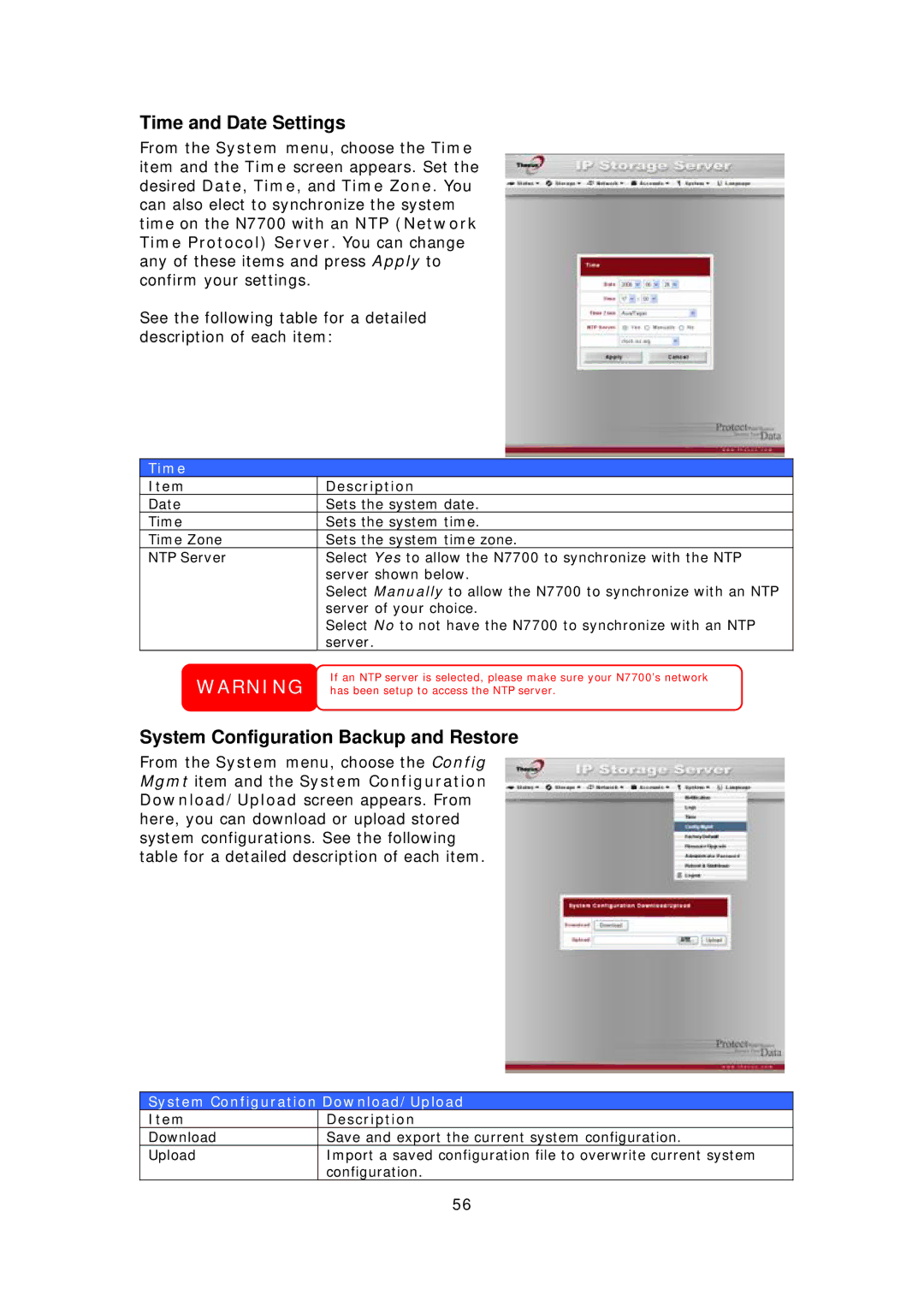 Thecus Technology N7700 user manual Time and Date Settings, System Configuration Backup and Restore 