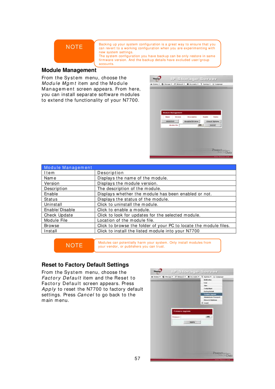 Thecus Technology N7700 user manual Module Management, Reset to Factory Default Settings 