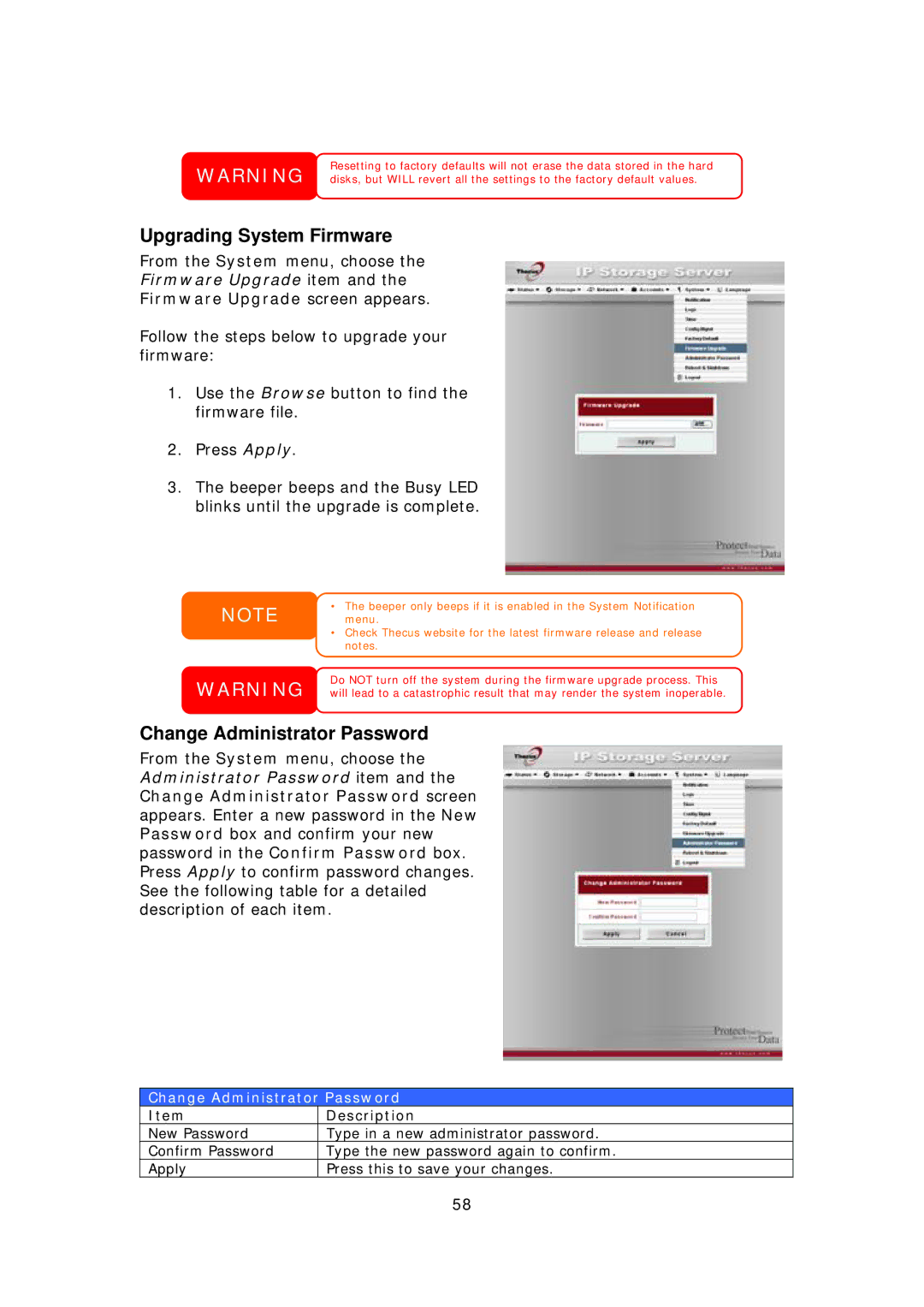 Thecus Technology N7700 Upgrading System Firmware, Change Administrator Password, Firmware Upgrade screen appears 