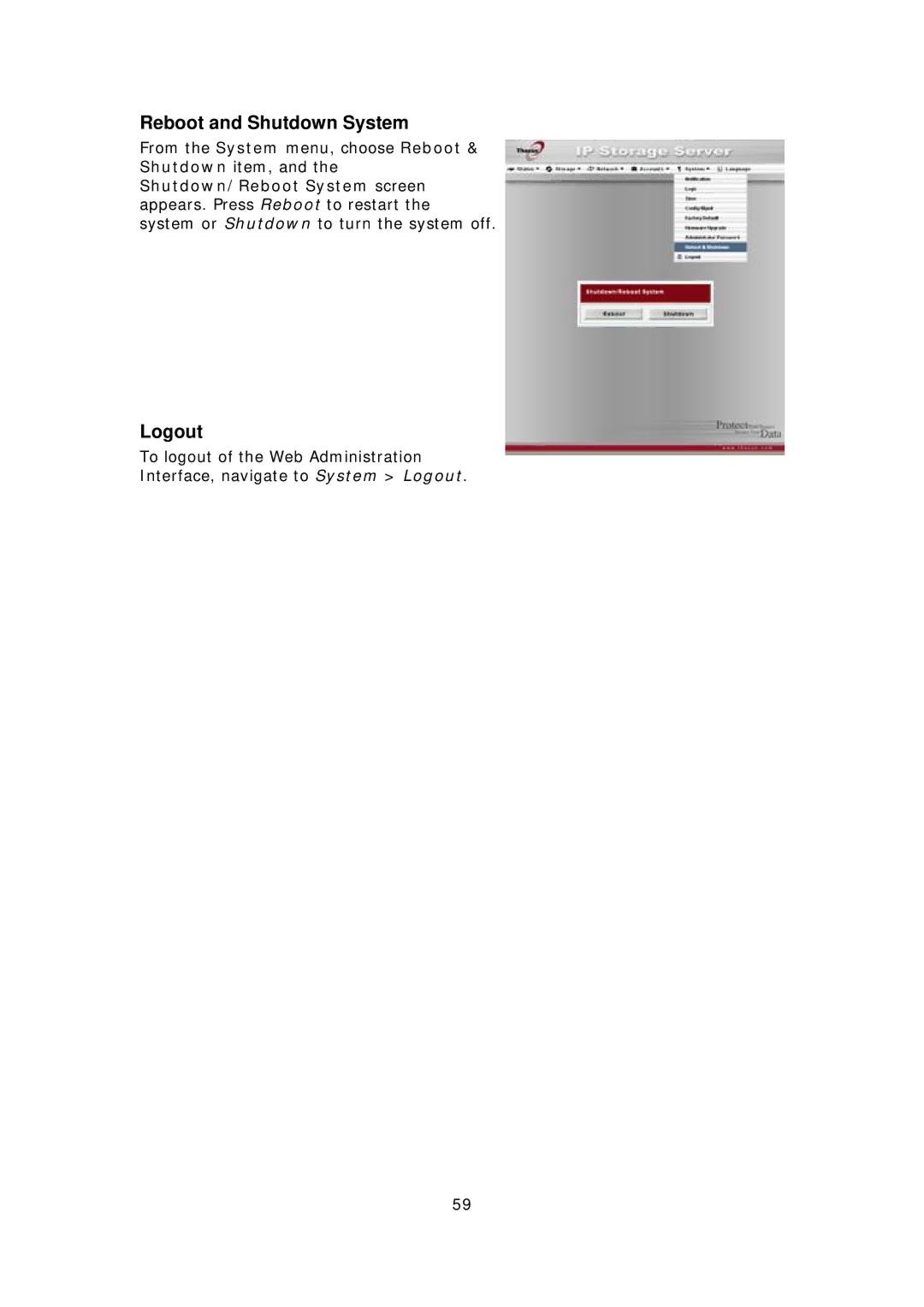 Thecus Technology N7700 user manual Reboot and Shutdown System, Logout 