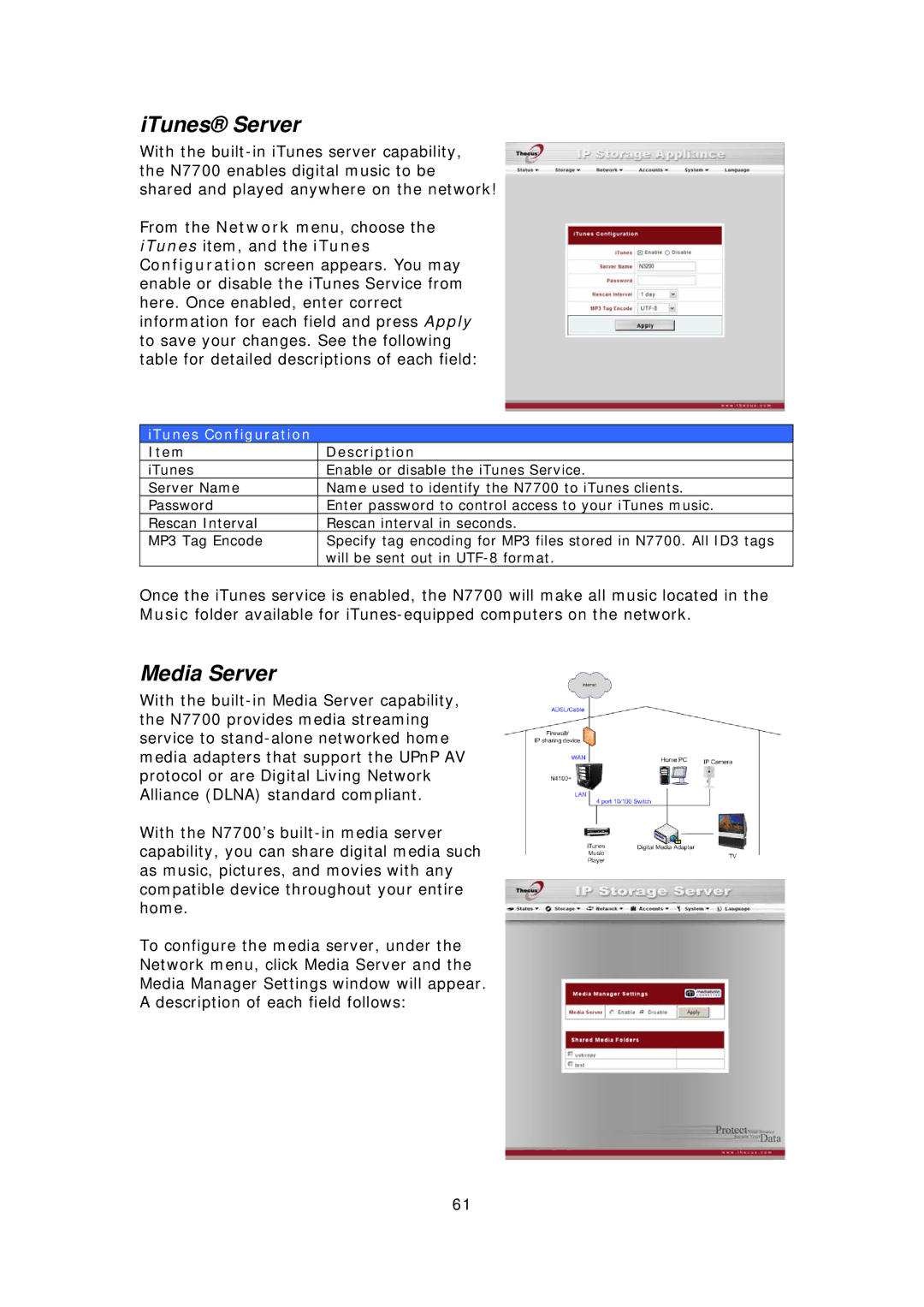 Thecus Technology N7700 user manual ITunes Server, Media Server, ITunes Configuration 