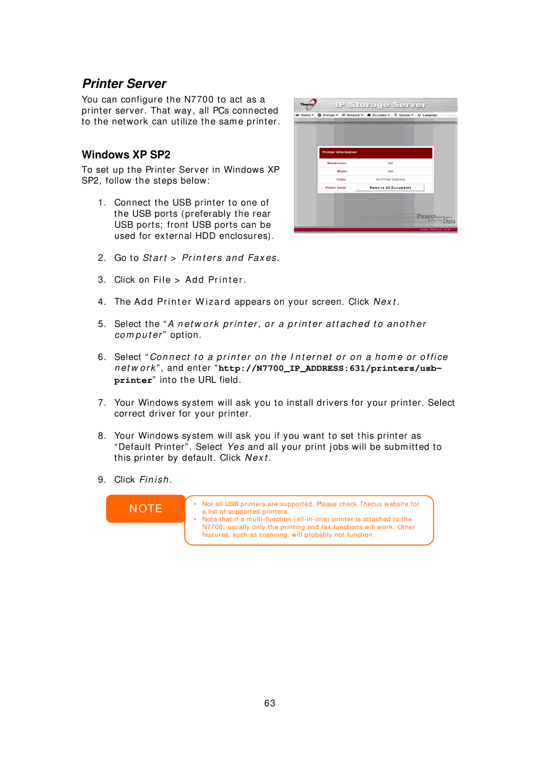 Thecus Technology N7700 user manual Printer Server, Windows XP SP2, Click on File Add Printer 