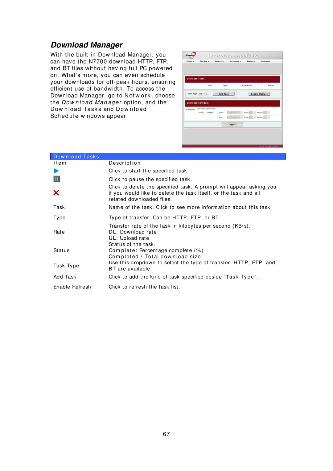 Thecus Technology N7700 user manual Download Manager, Download Tasks, Completed / Total download size 