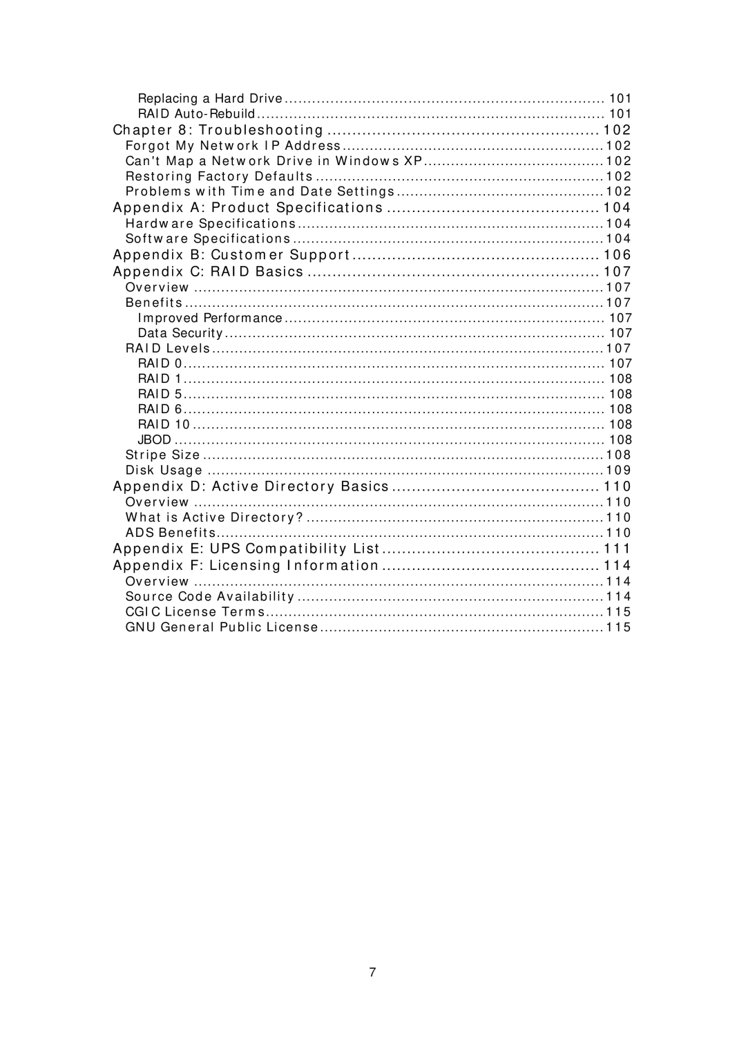 Thecus Technology N7700 user manual Problems with Time and Date Settings 102, 104, 107, 108, 109, 110, 114, 115 