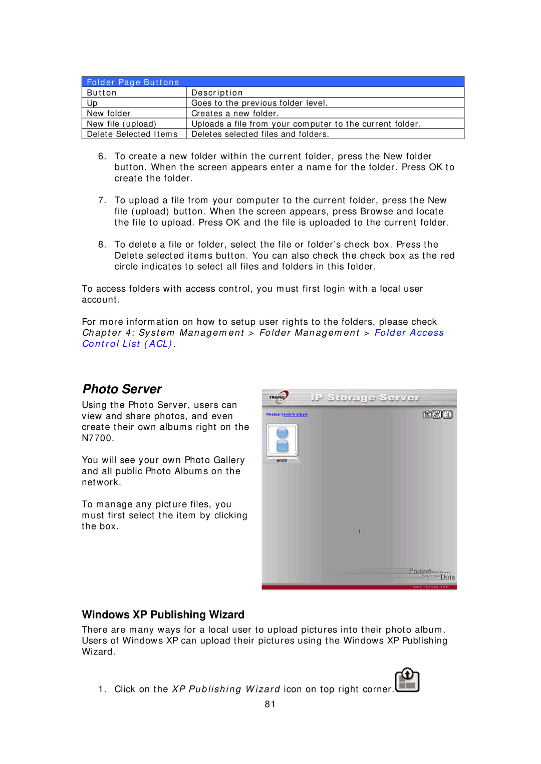 Thecus Technology N7700 user manual Photo Server, Windows XP Publishing Wizard, Folder Page Buttons, Button Description 