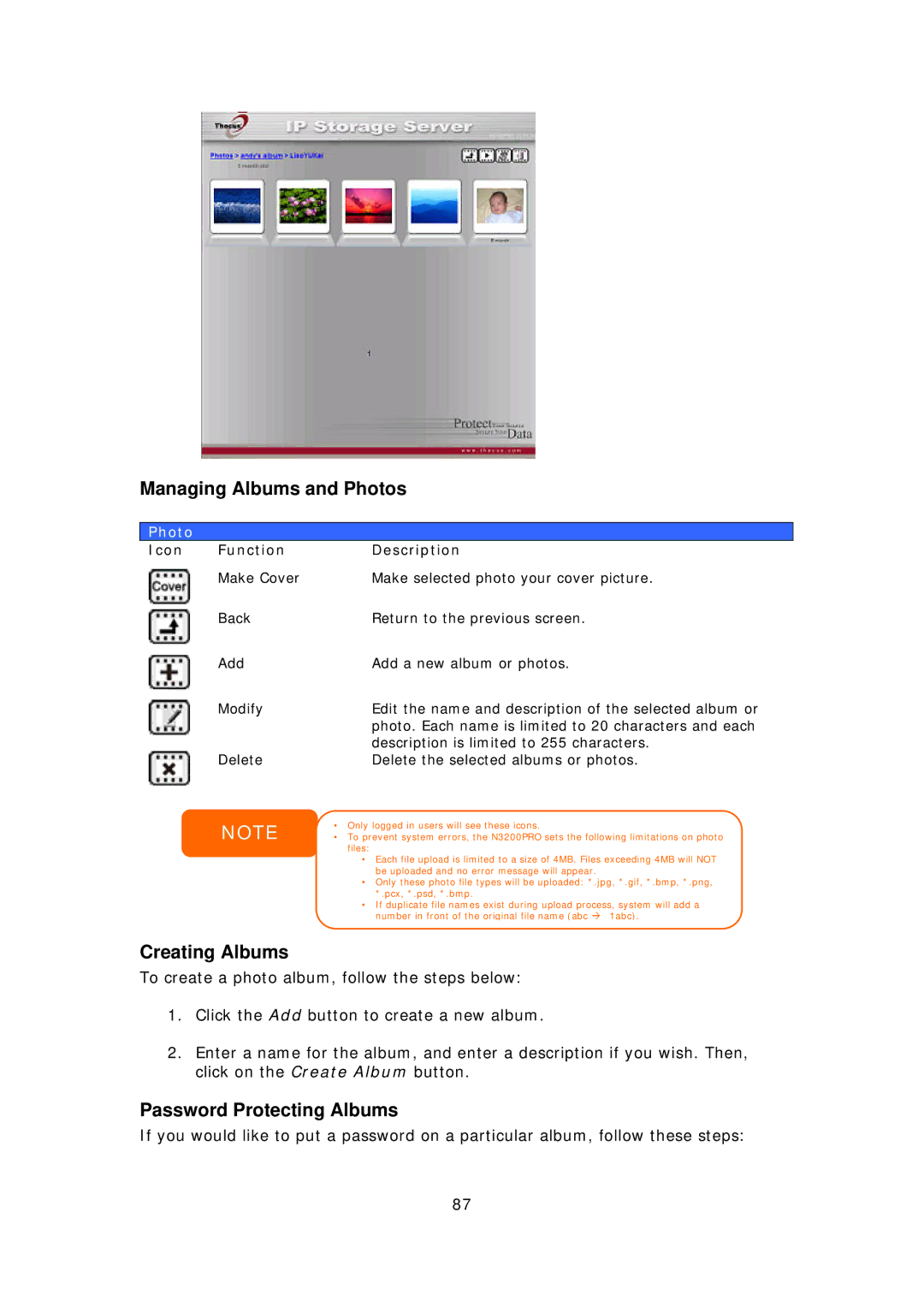 Thecus Technology N7700 user manual Managing Albums and Photos, Creating Albums, Password Protecting Albums 