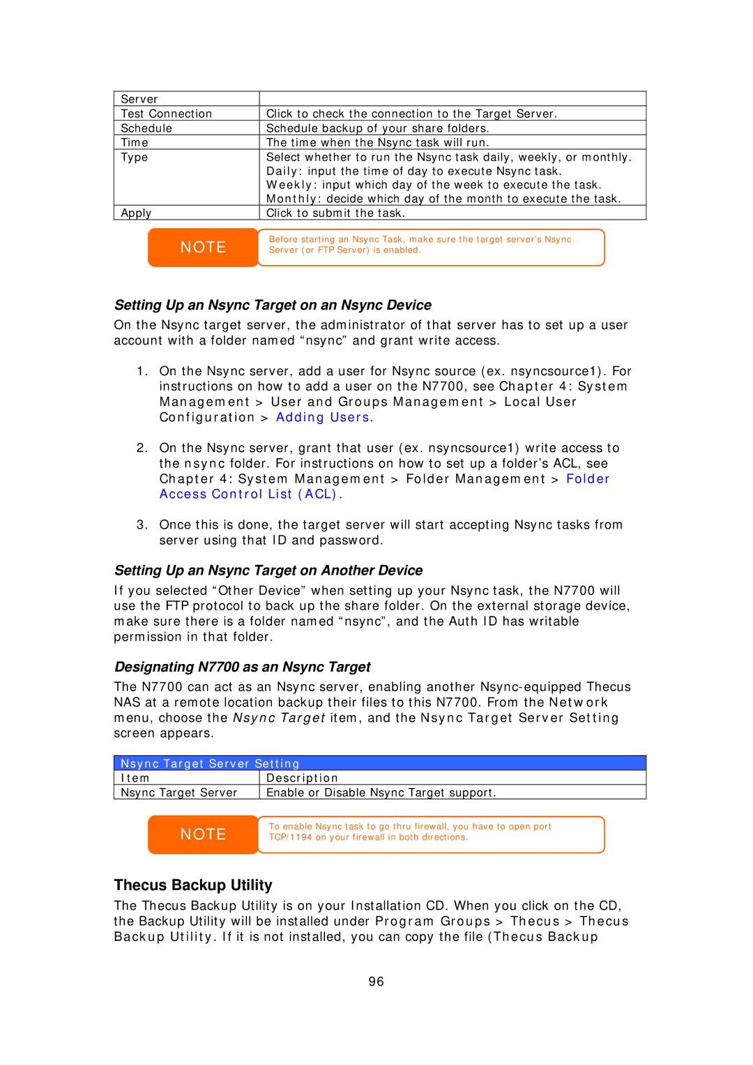 Thecus Technology N7700 Thecus Backup Utility, Setting Up an Nsync Target on an Nsync Device, Nsync Target Server Setting 