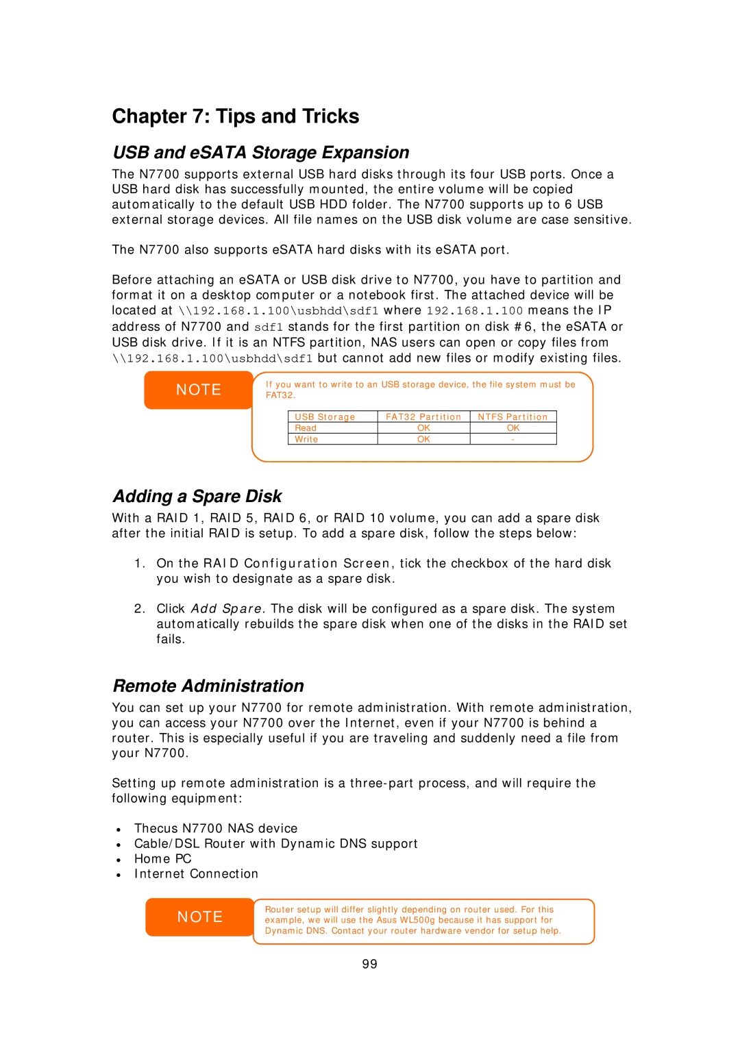 Thecus Technology N7700 Tips and Tricks, USB and eSATA Storage Expansion, Adding a Spare Disk, Remote Administration 