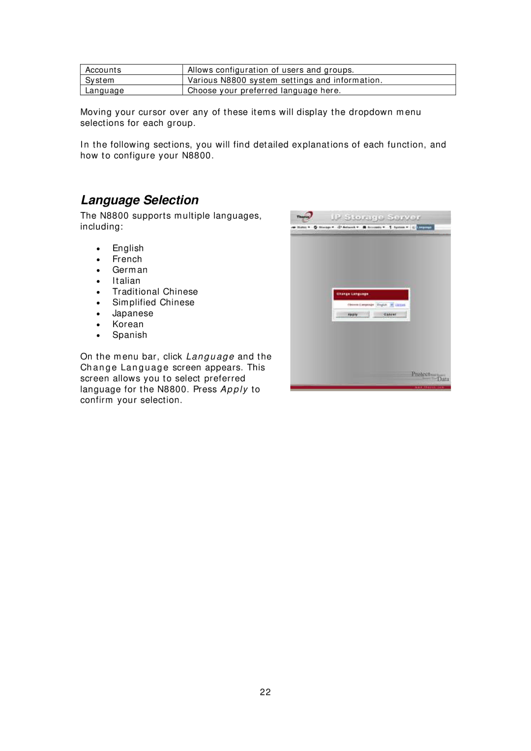 Thecus Technology N8800 user manual Language Selection 