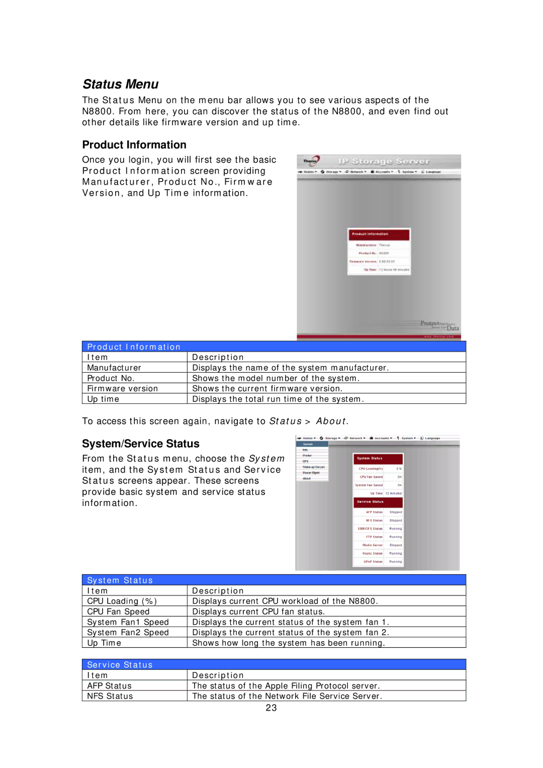 Thecus Technology N8800 user manual Status Menu, Product Information, System/Service Status 