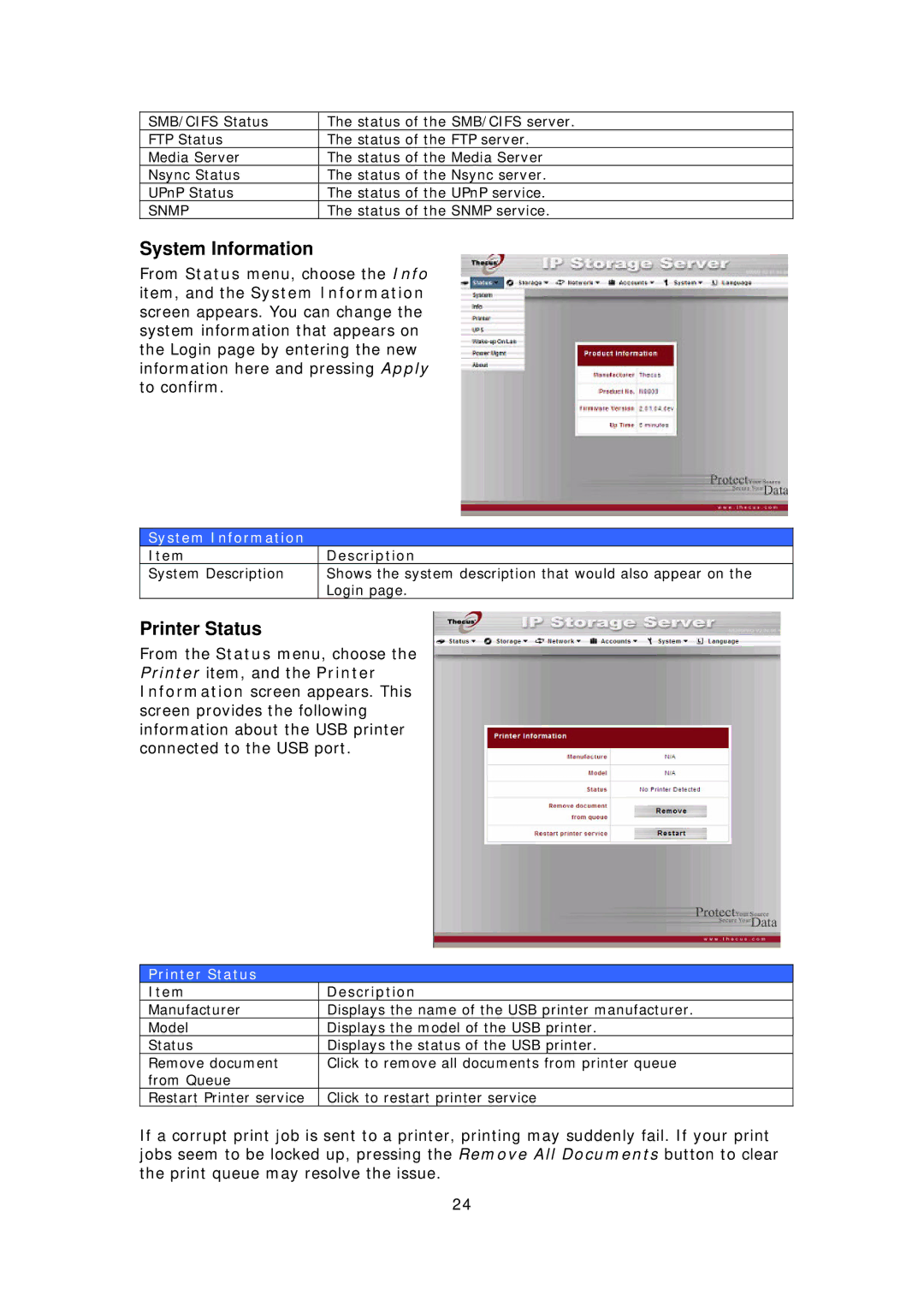 Thecus Technology N8800 user manual System Information, Printer Status 