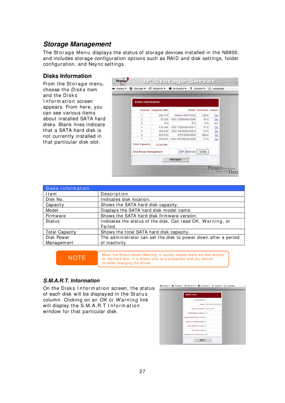 Thecus Technology N8800 user manual Storage Management, Disks Information, A.R.T. Information, Failed 