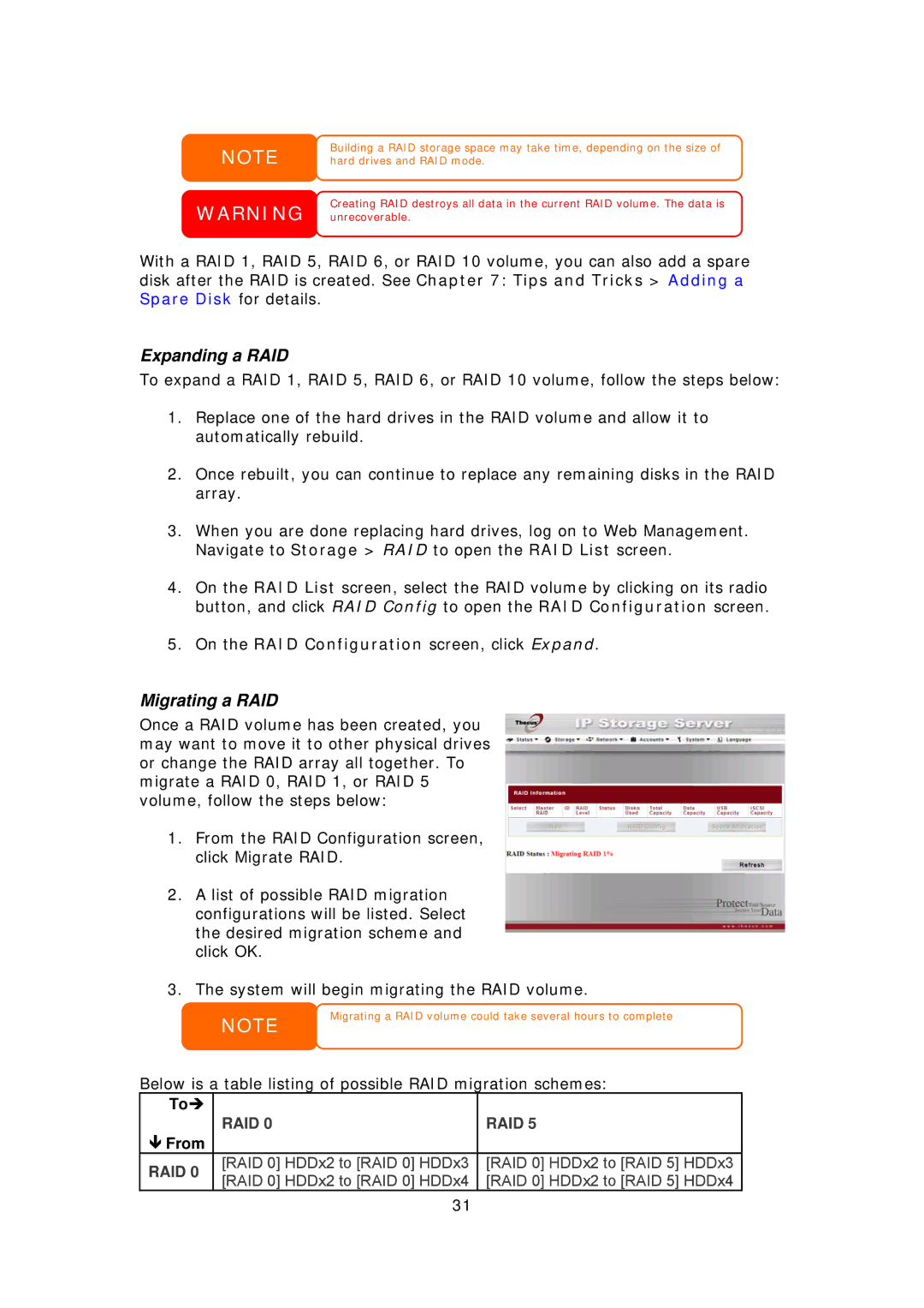 Thecus Technology N8800 user manual Expanding a RAID, Migrating a RAID 