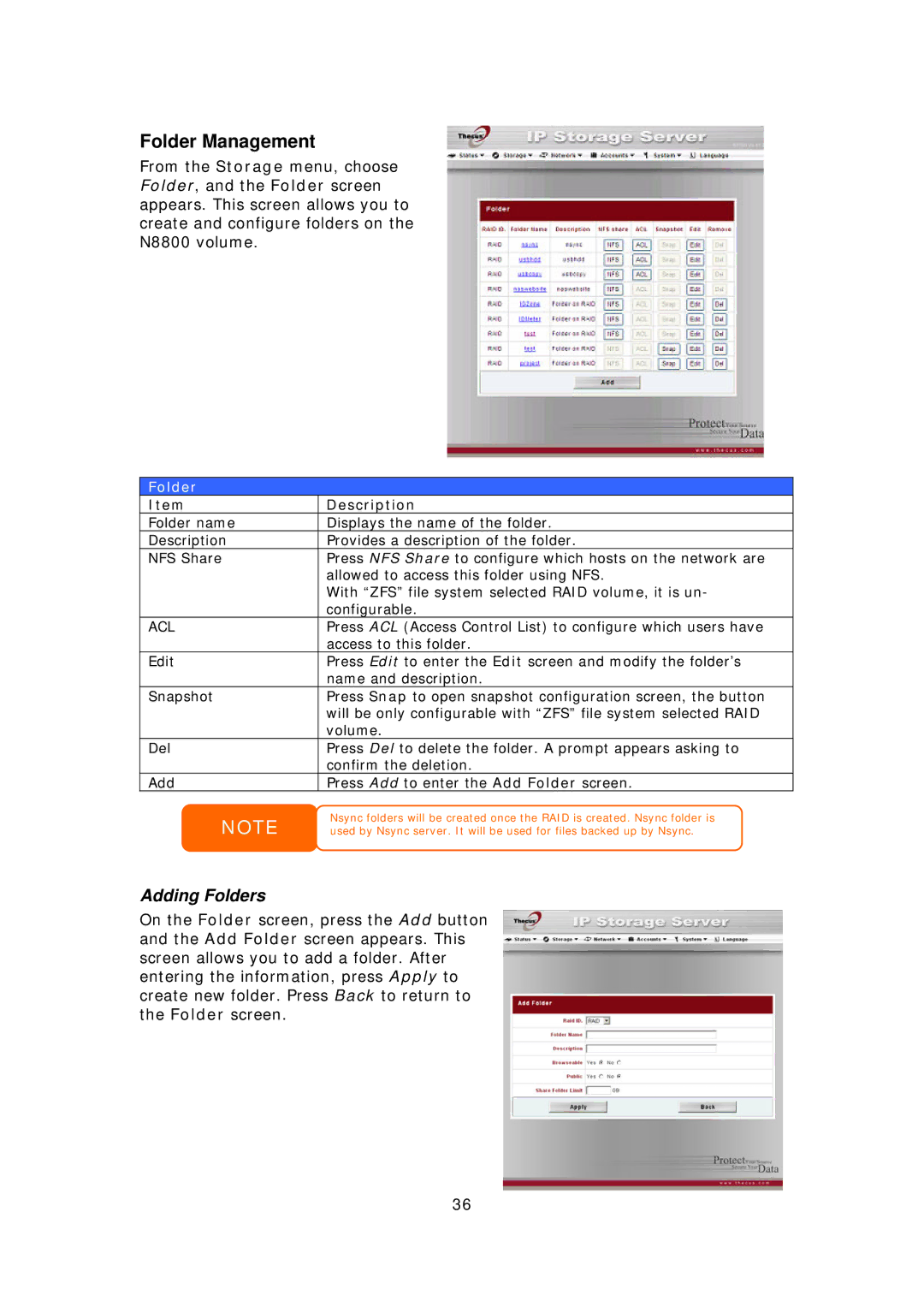 Thecus Technology N8800 user manual Folder Management, Adding Folders, Acl 