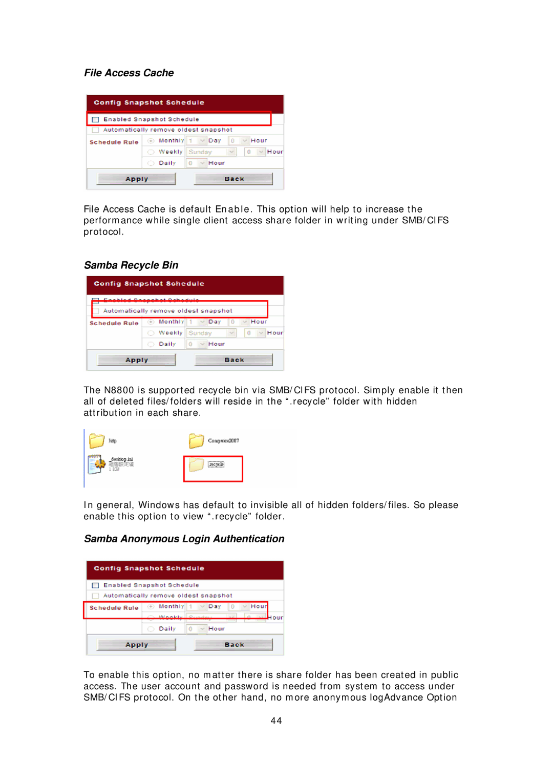 Thecus Technology N8800 user manual File Access Cache, Samba Recycle Bin, Samba Anonymous Login Authentication 