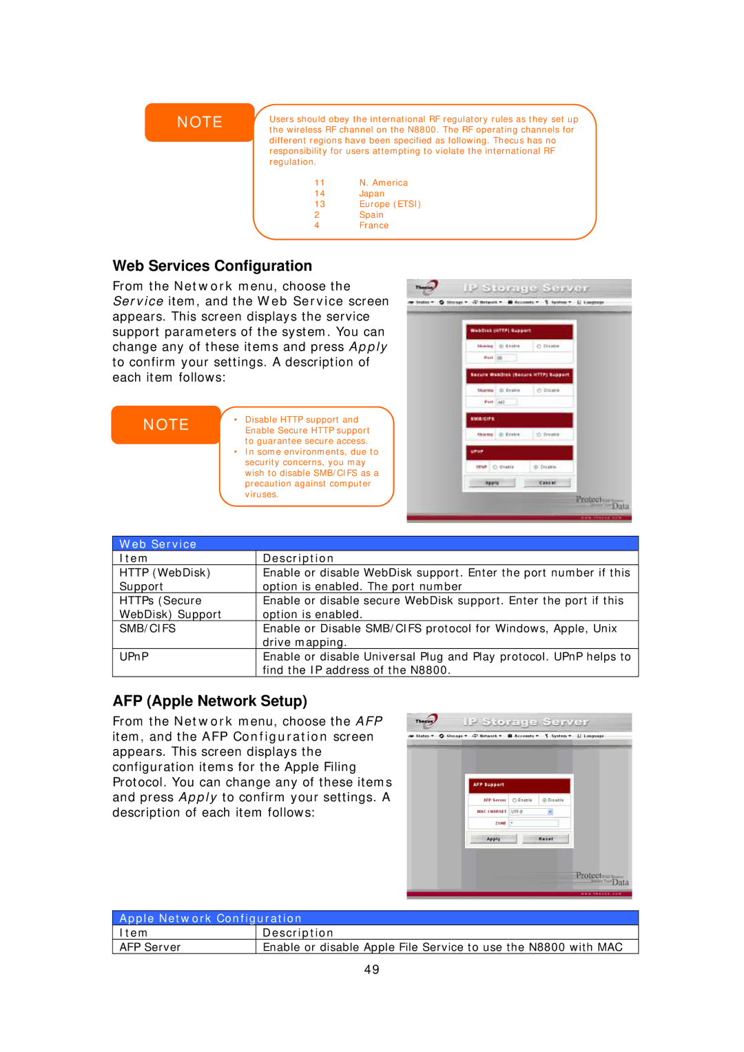 Thecus Technology N8800 Web Services Configuration, AFP Apple Network Setup, Smb/Cifs, Apple Network Configuration 