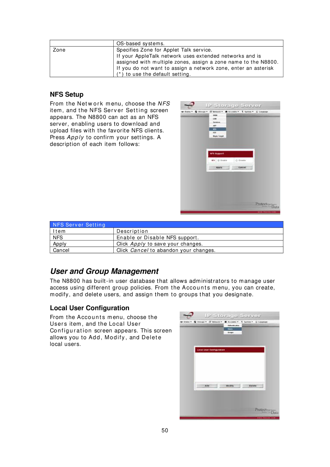 Thecus Technology N8800 user manual User and Group Management, NFS Setup, Local User Configuration, NFS Server Setting 