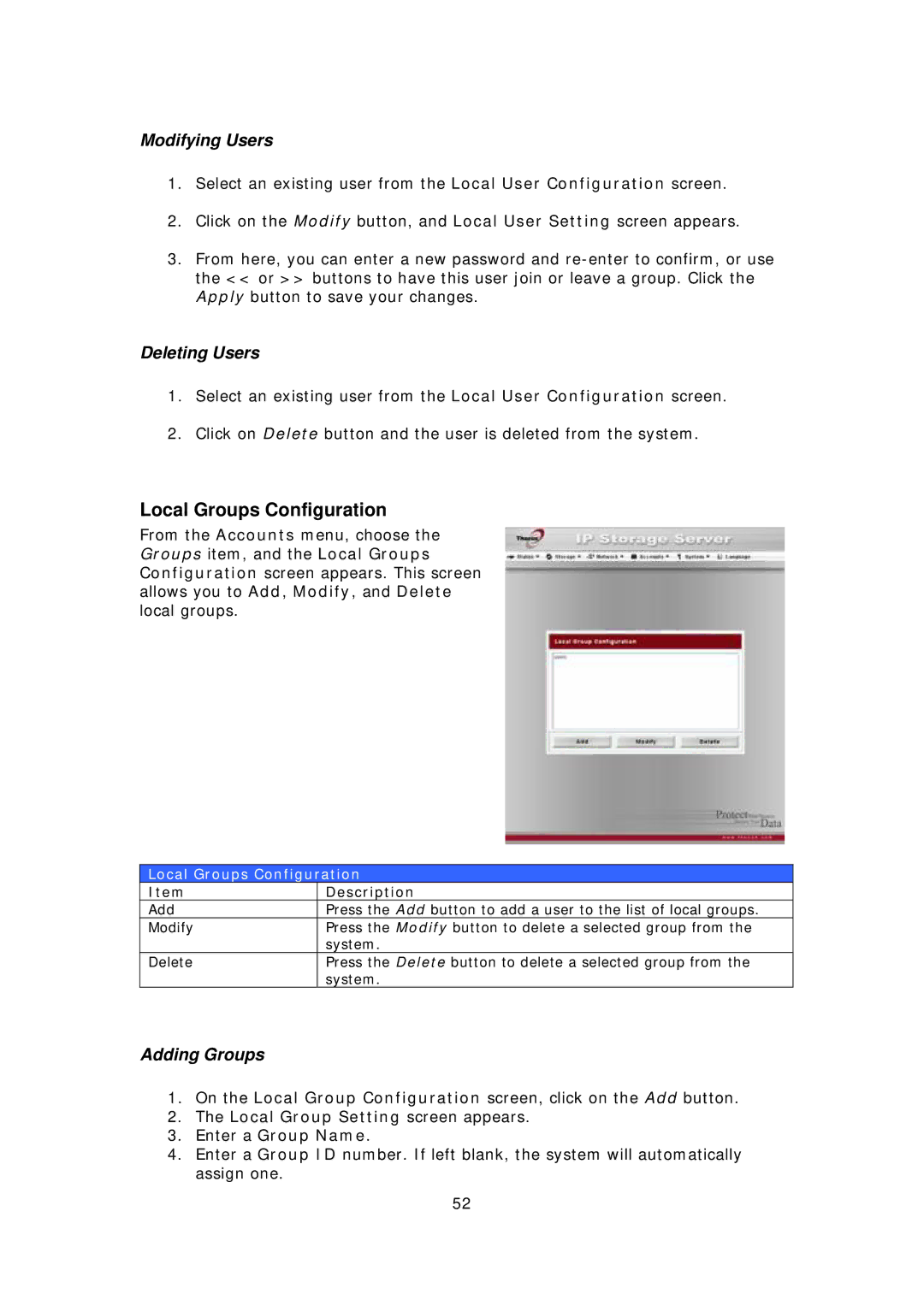 Thecus Technology N8800 user manual Local Groups Configuration, Modifying Users, Deleting Users, Adding Groups 