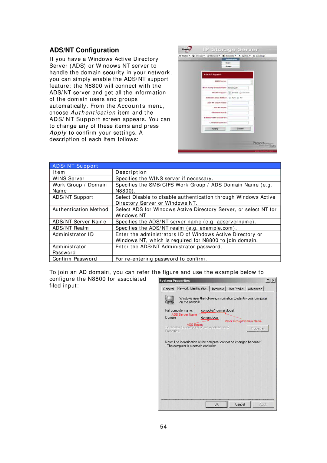 Thecus Technology N8800 user manual ADS/NT Configuration, ADS/NT Support 