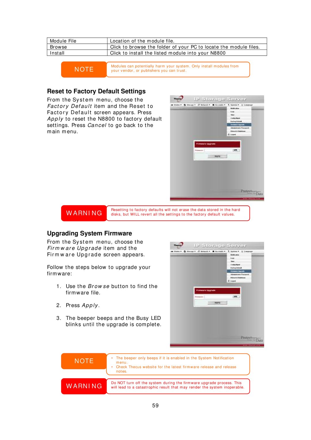 Thecus Technology N8800 Reset to Factory Default Settings, Upgrading System Firmware, Firmware Upgrade screen appears 