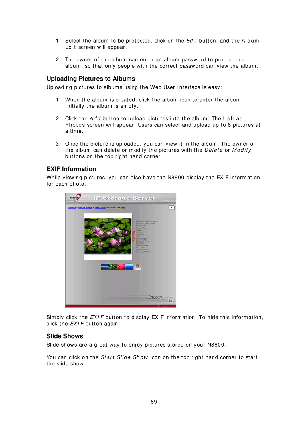 Thecus Technology N8800 user manual Uploading Pictures to Albums, Exif Information, Slide Shows 